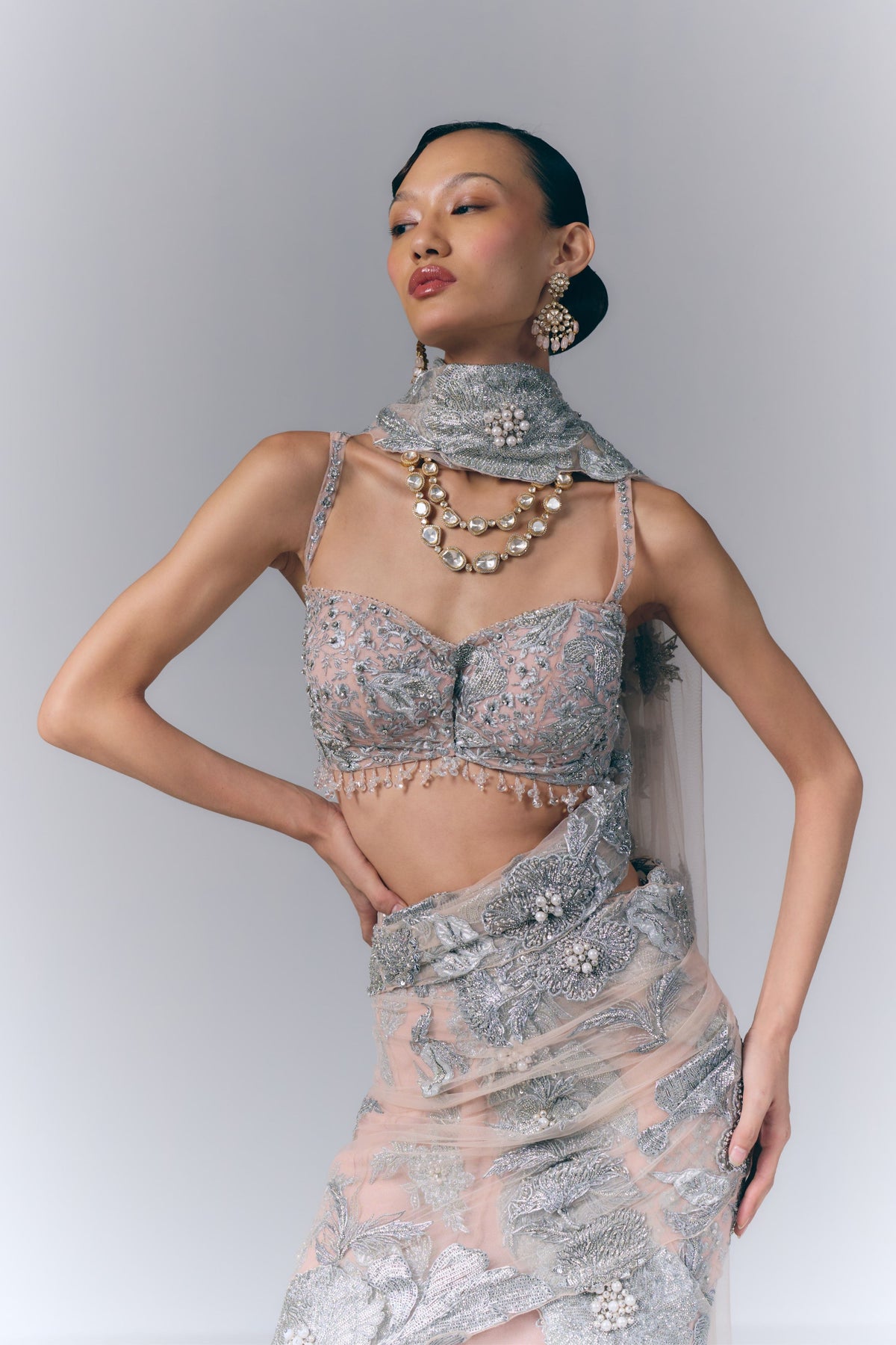 Noor Silver Drape Saree Set