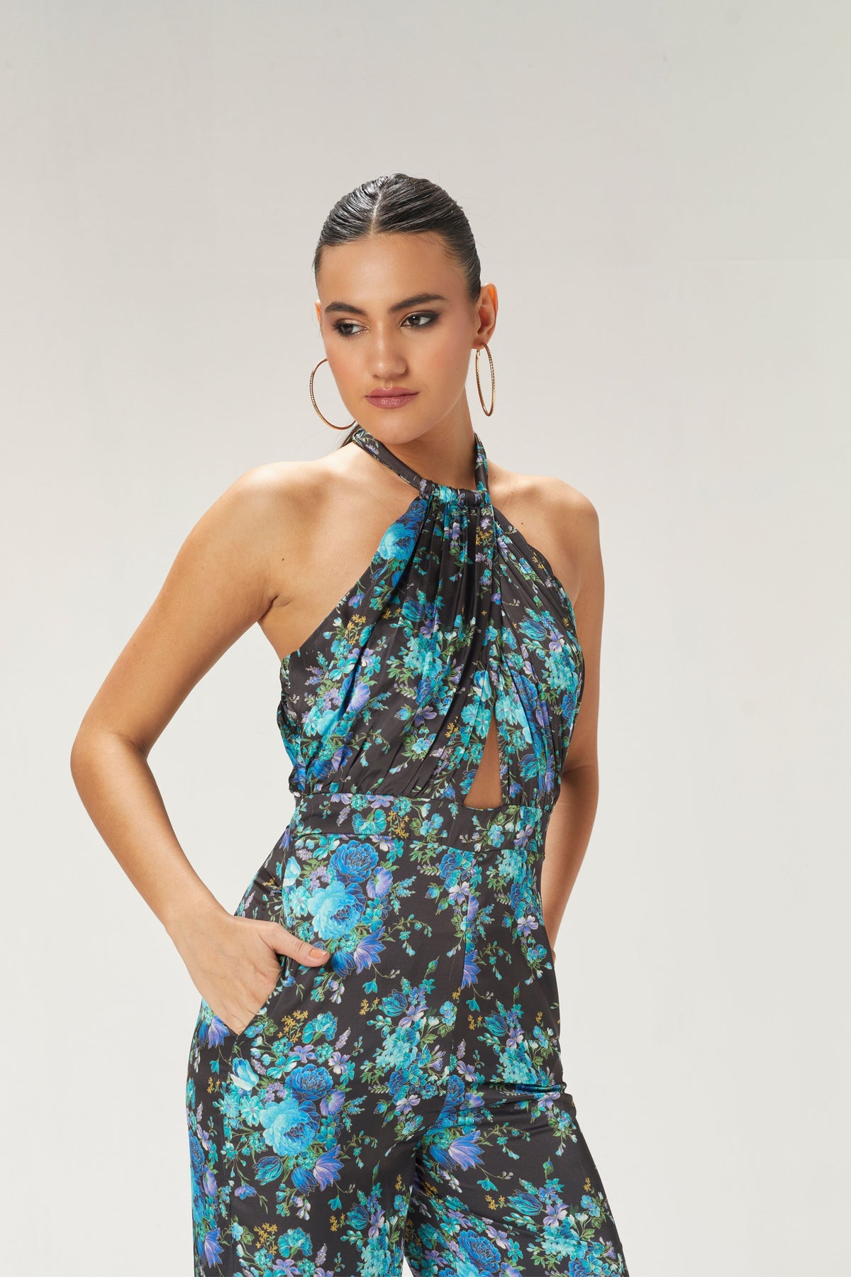 Teal Blue Printed Halterneck Jumpsuit
