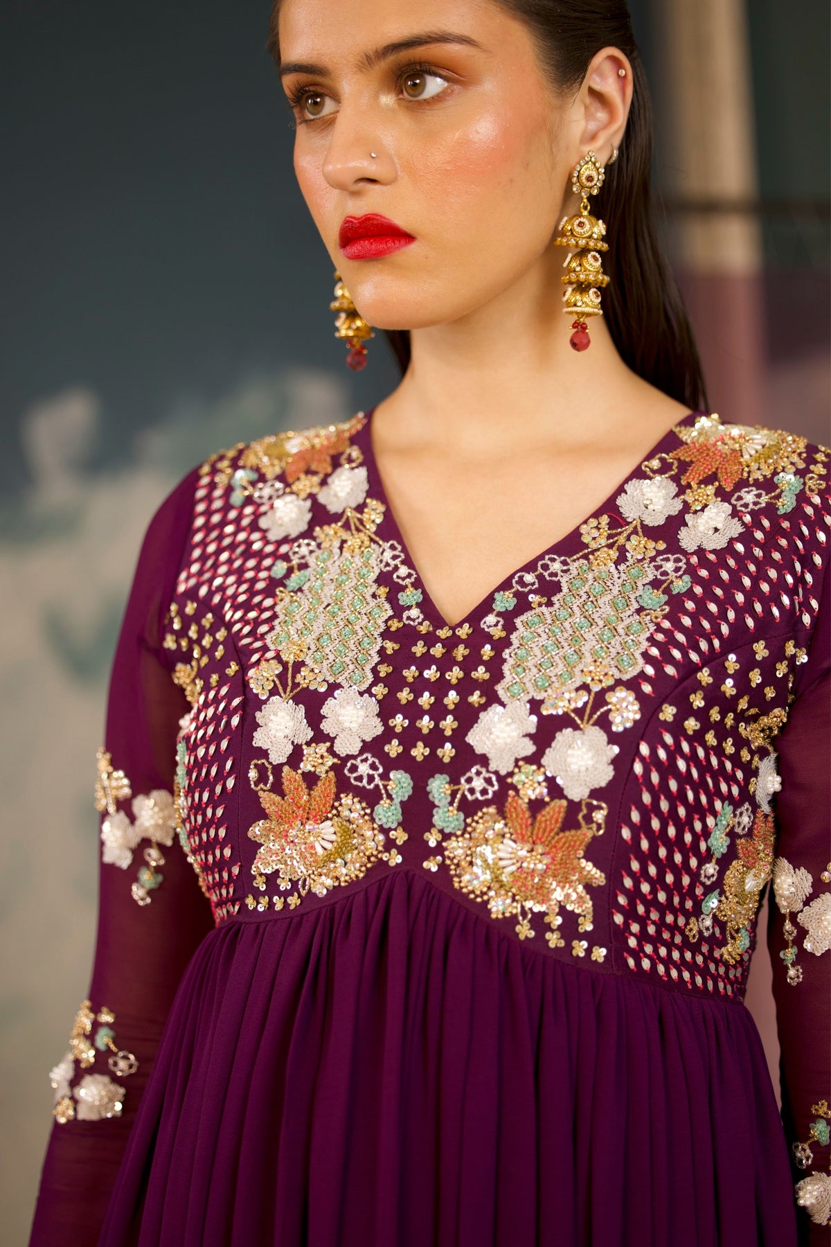 Deep Purple Anarkali Set