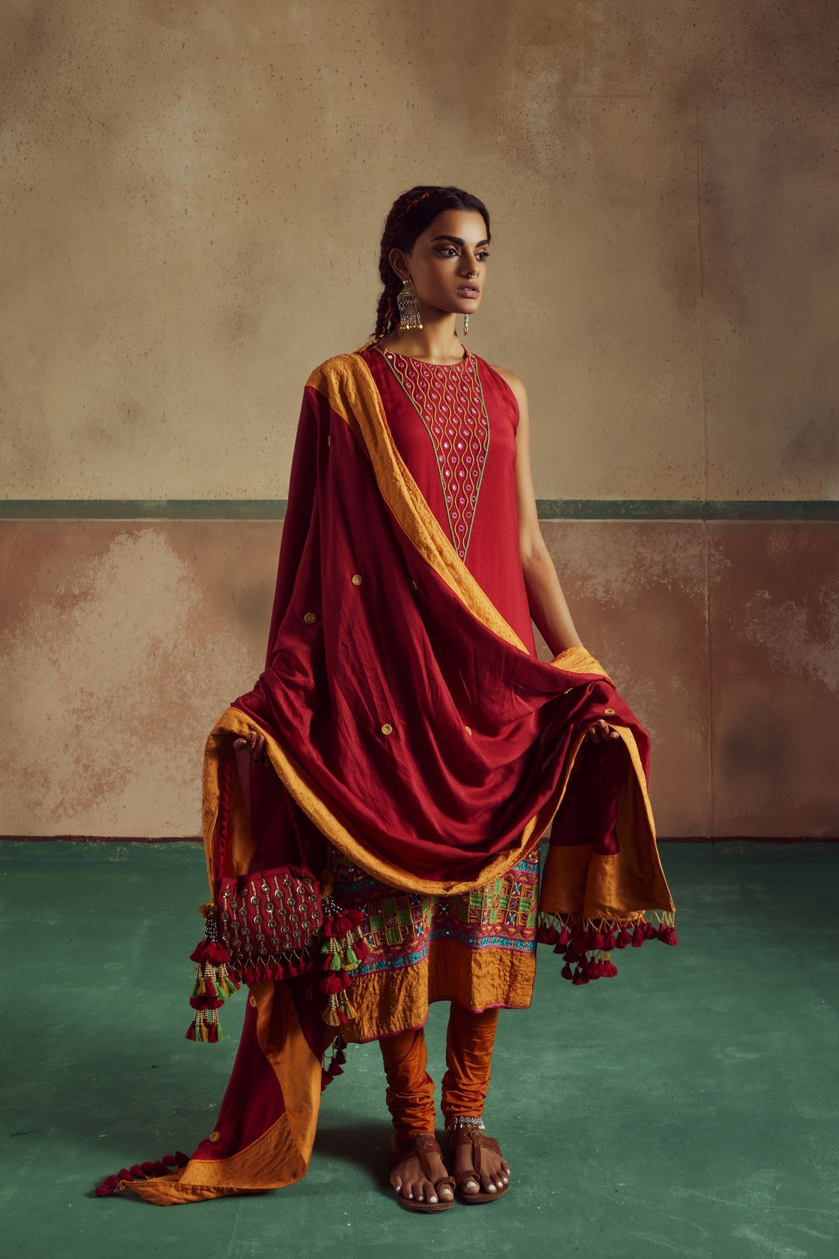 Red Embroidered Kurta Set With Churidaar