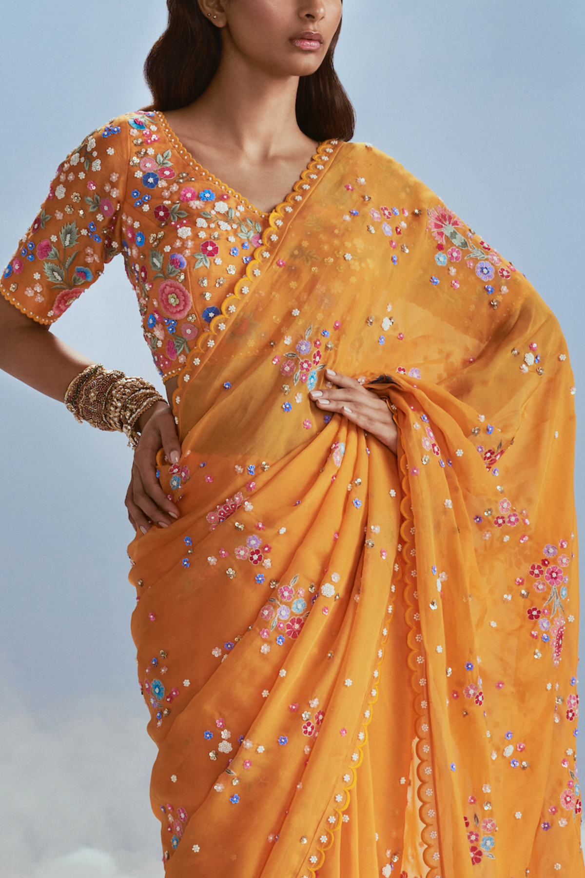 Yellow Izmir Carnations Saree Set