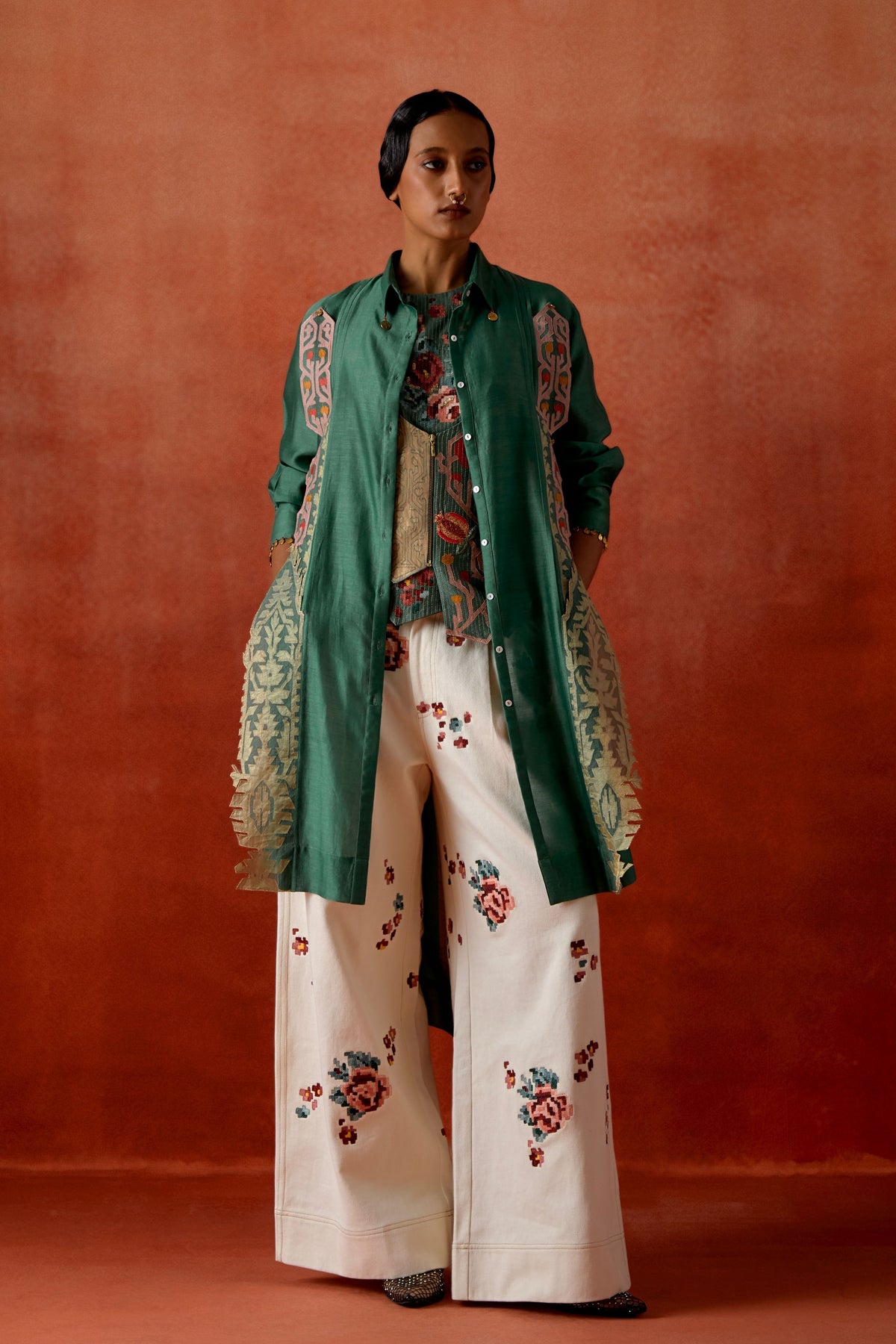 Teal Embroidered Jacket Set