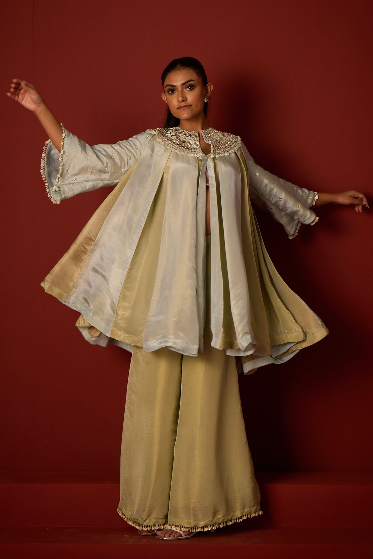 Tissue Mirror Work Panelled Tunic Set