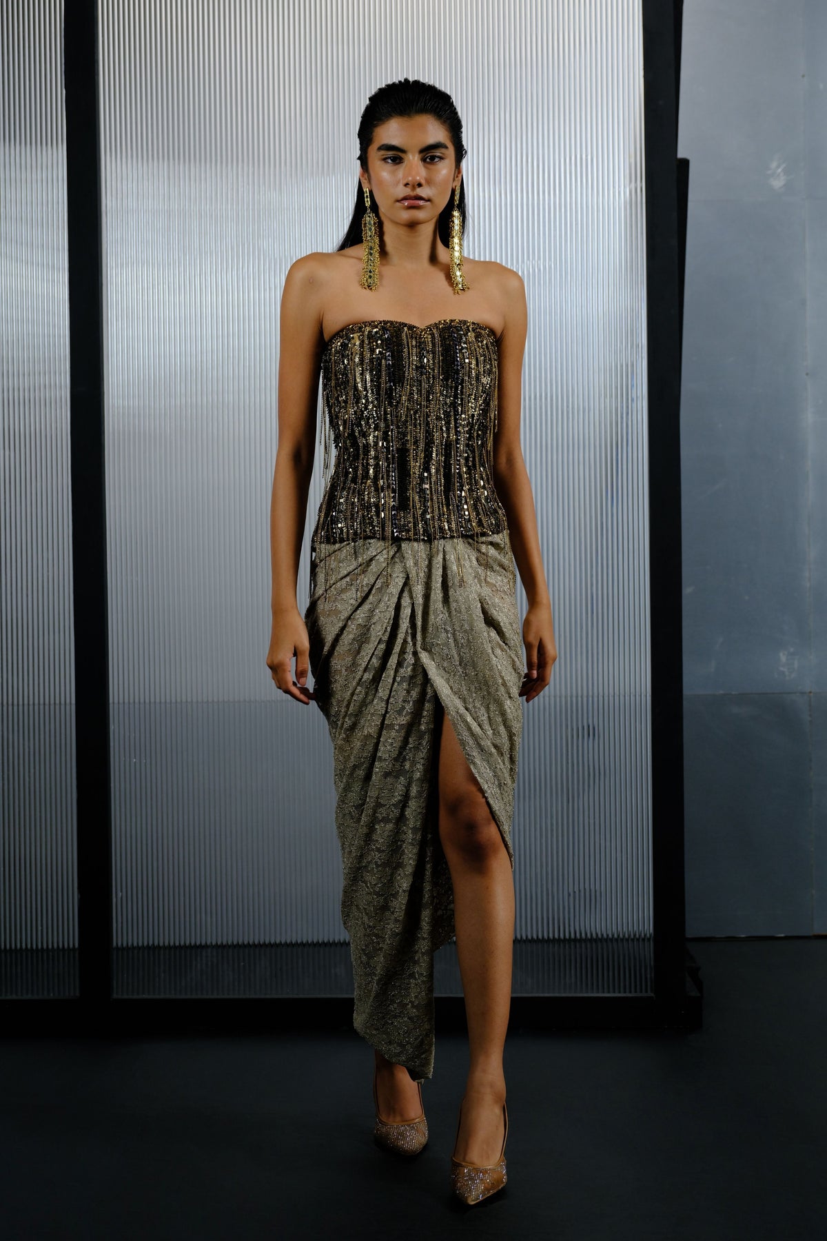 Gold Draped Front Slit Skirt
