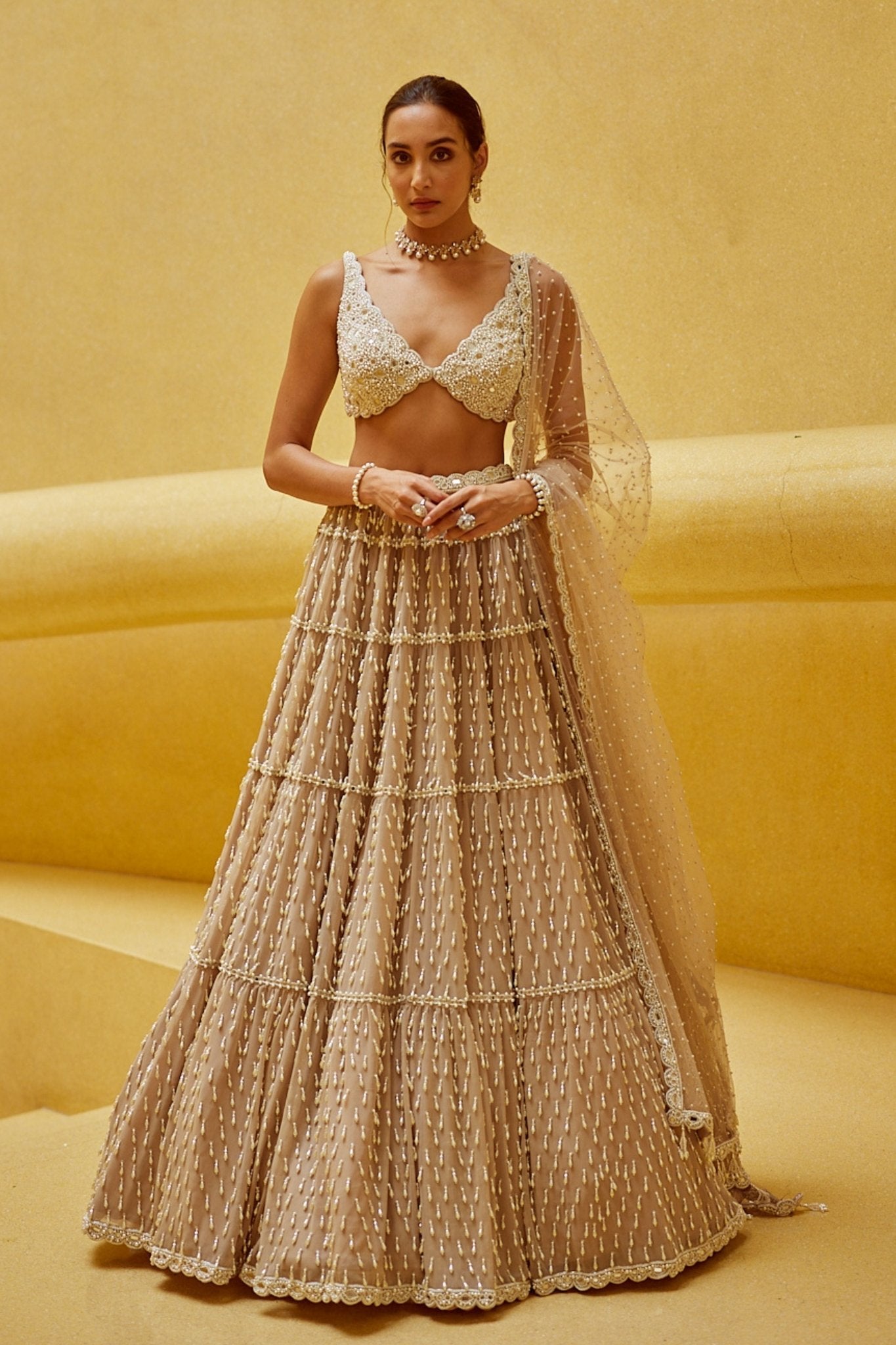 Light Beige Multi Tier Lehenga Set - Vvani by Vani Vats - Elahe