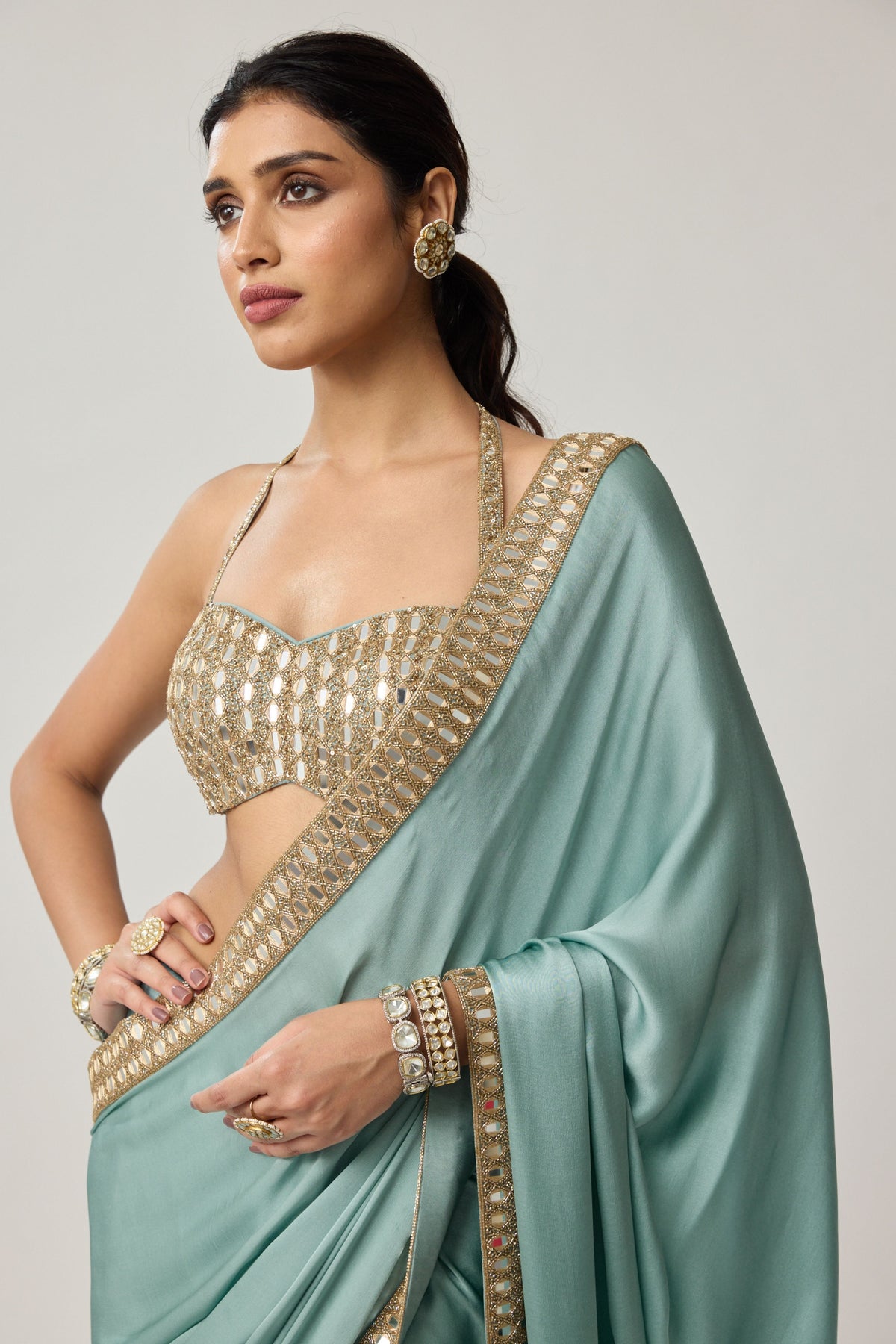 Powder Blue Mirror Saree Set