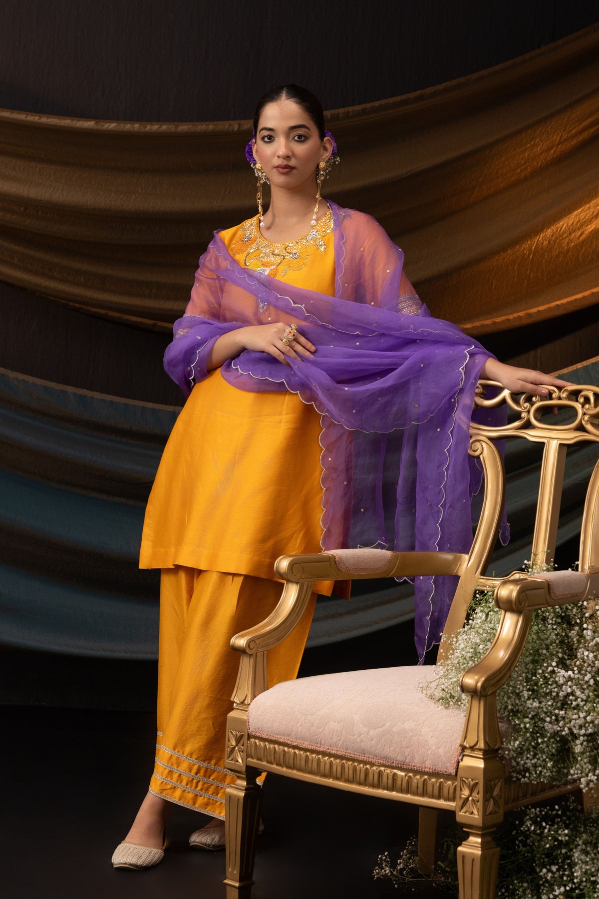Orange  3D Motif Kurta Set