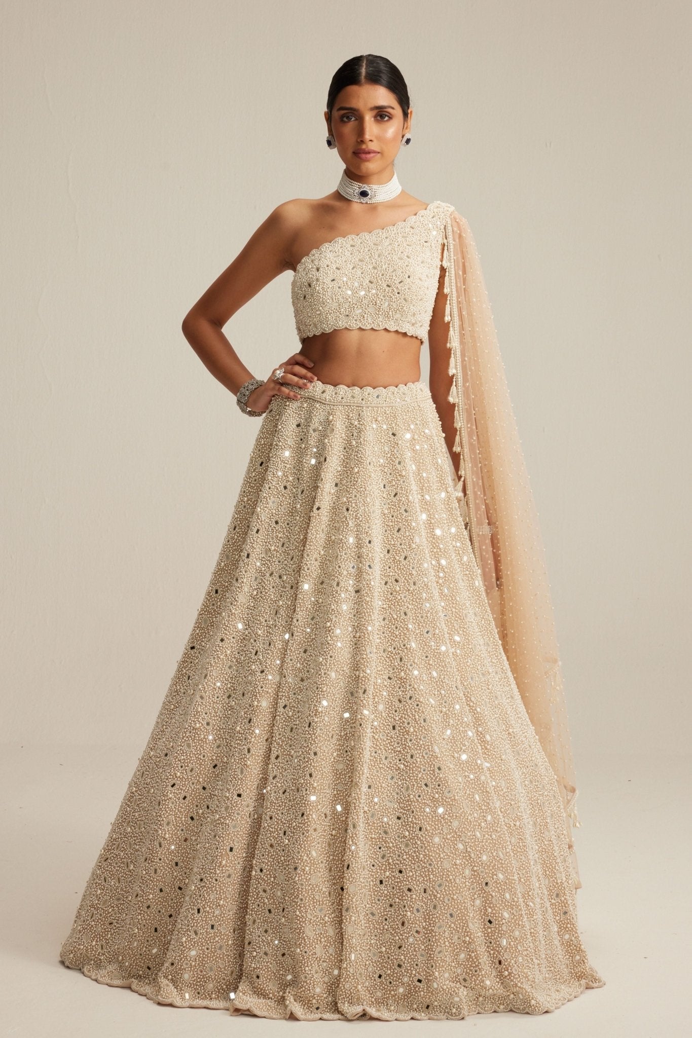 Pearl One Shoulder Lehenga Set - Vvani by Vani Vats - Elahe