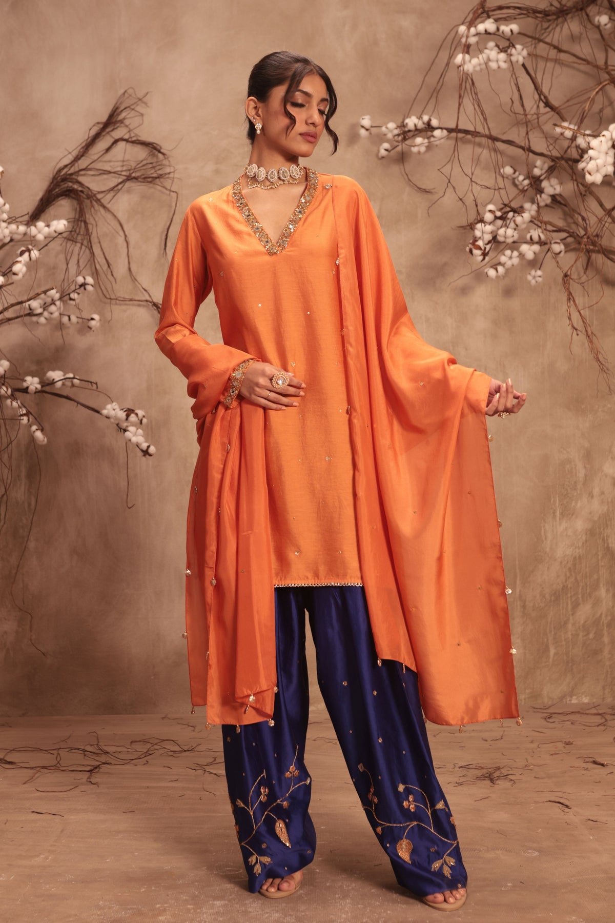 Orange Jaal Kurta Set