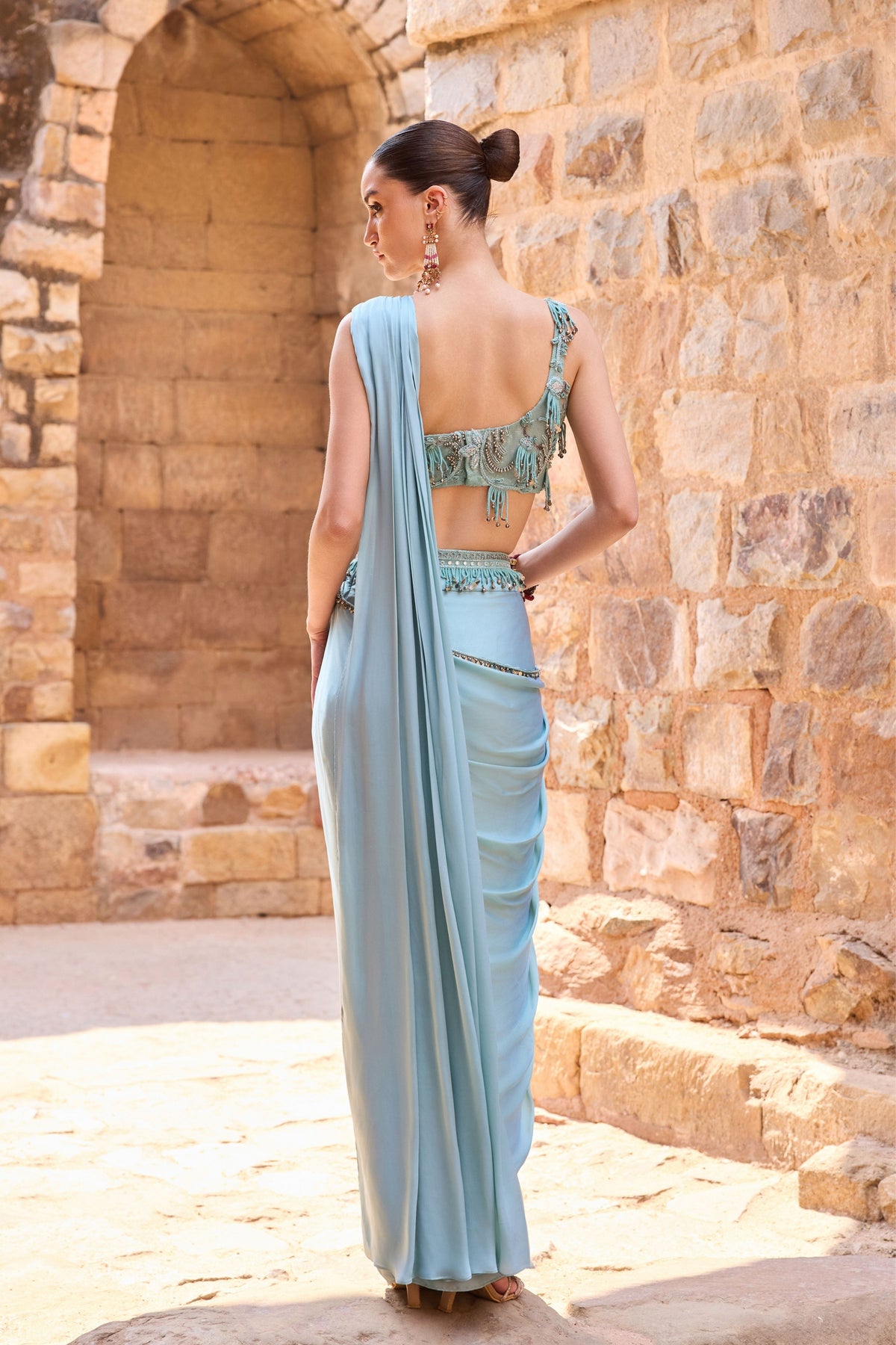 Aqua Draped Saree Set