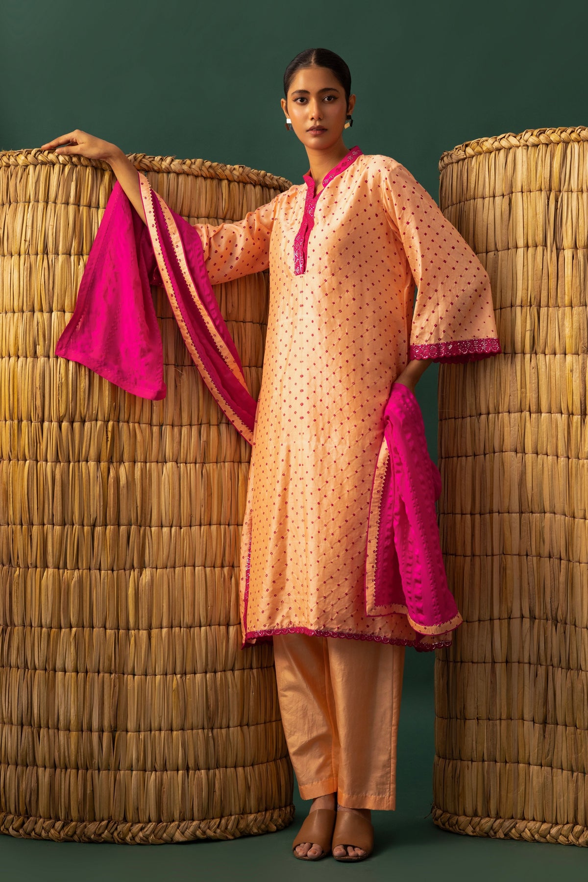 Peach Bandhani Kurta Set