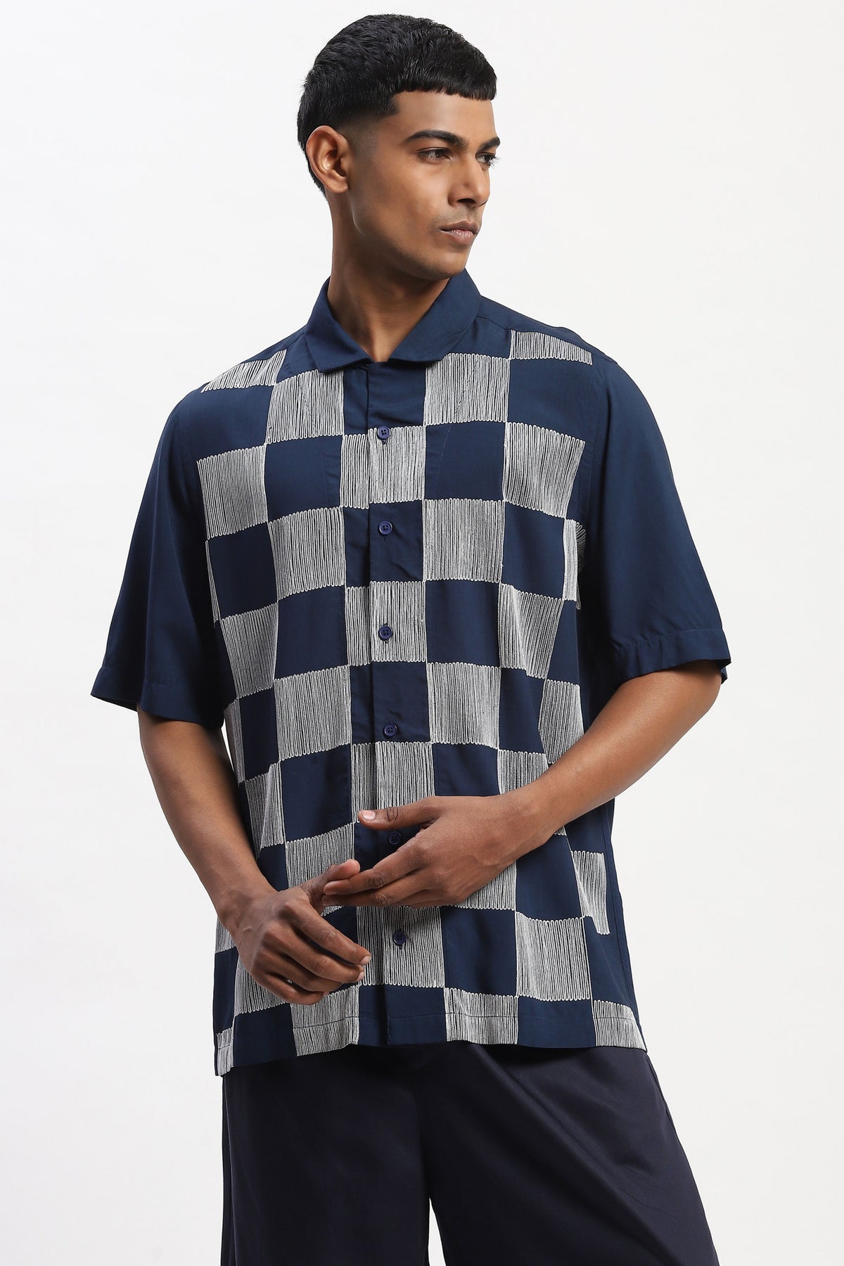 Navy Crewel Embroidered Shirt
