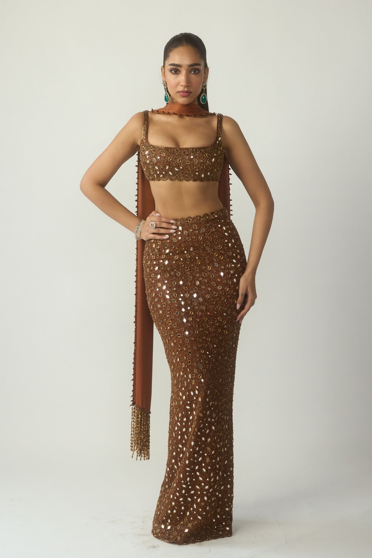Metallic Copper Pencil Skirt Set