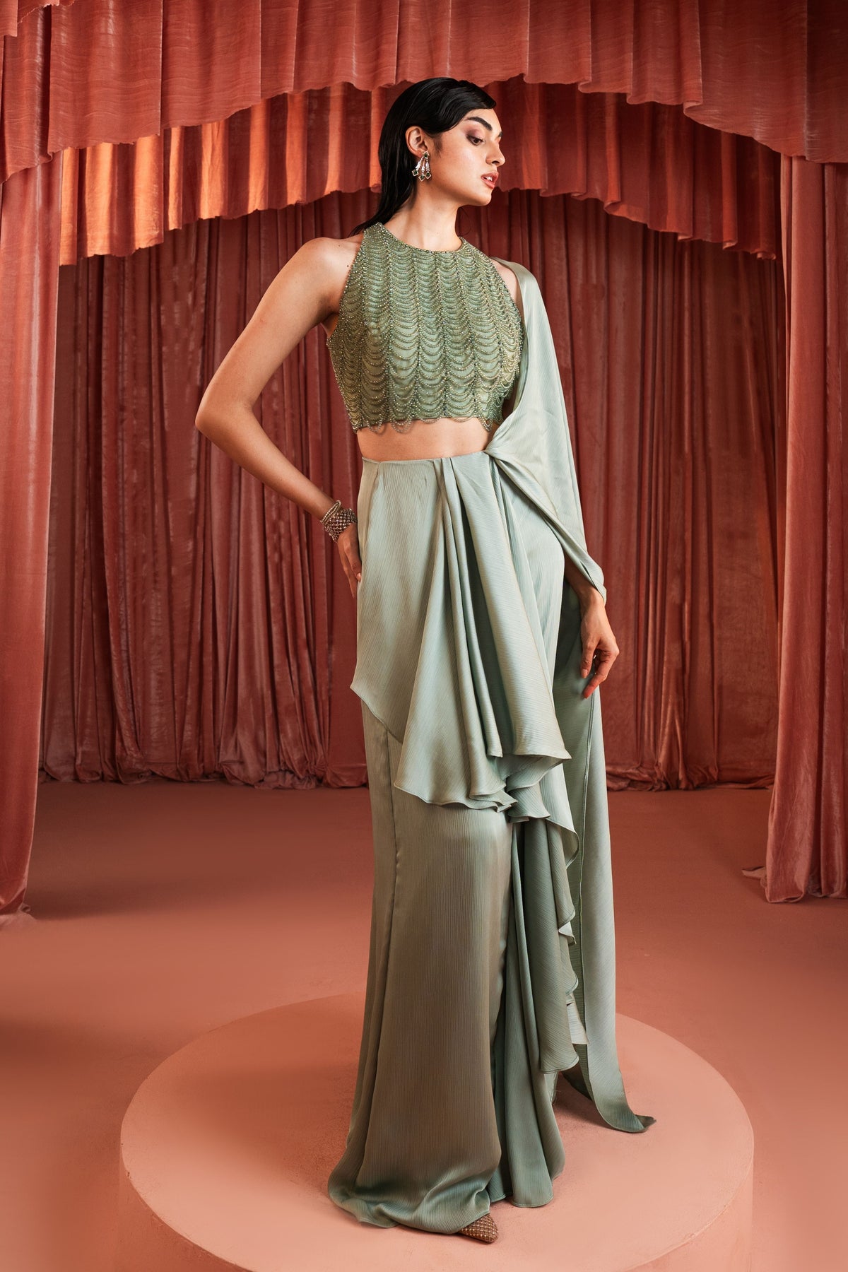 Sage Green Draped Saree Set