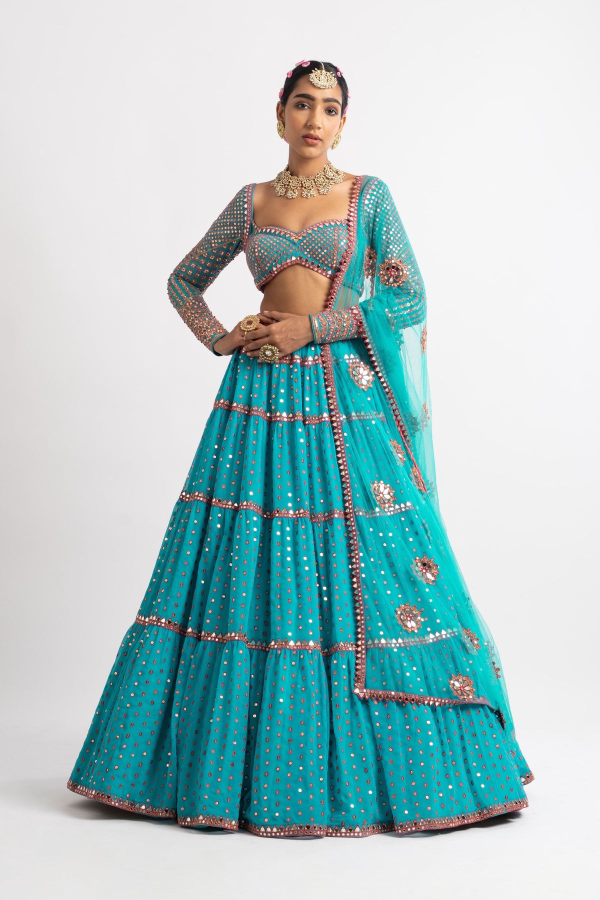 Peacock green multi tier lehenga