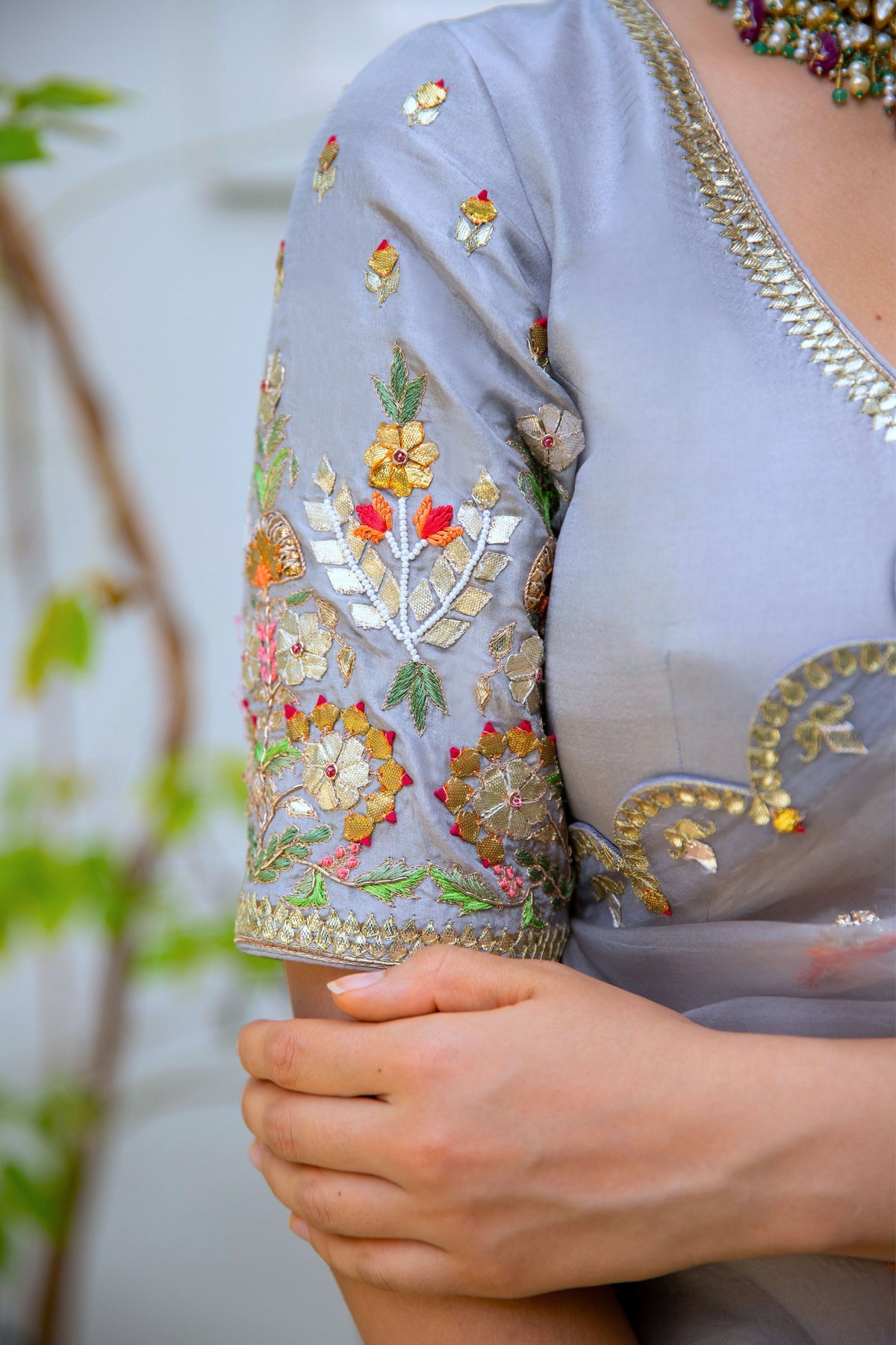 Grey Hand embroidered Saree Set