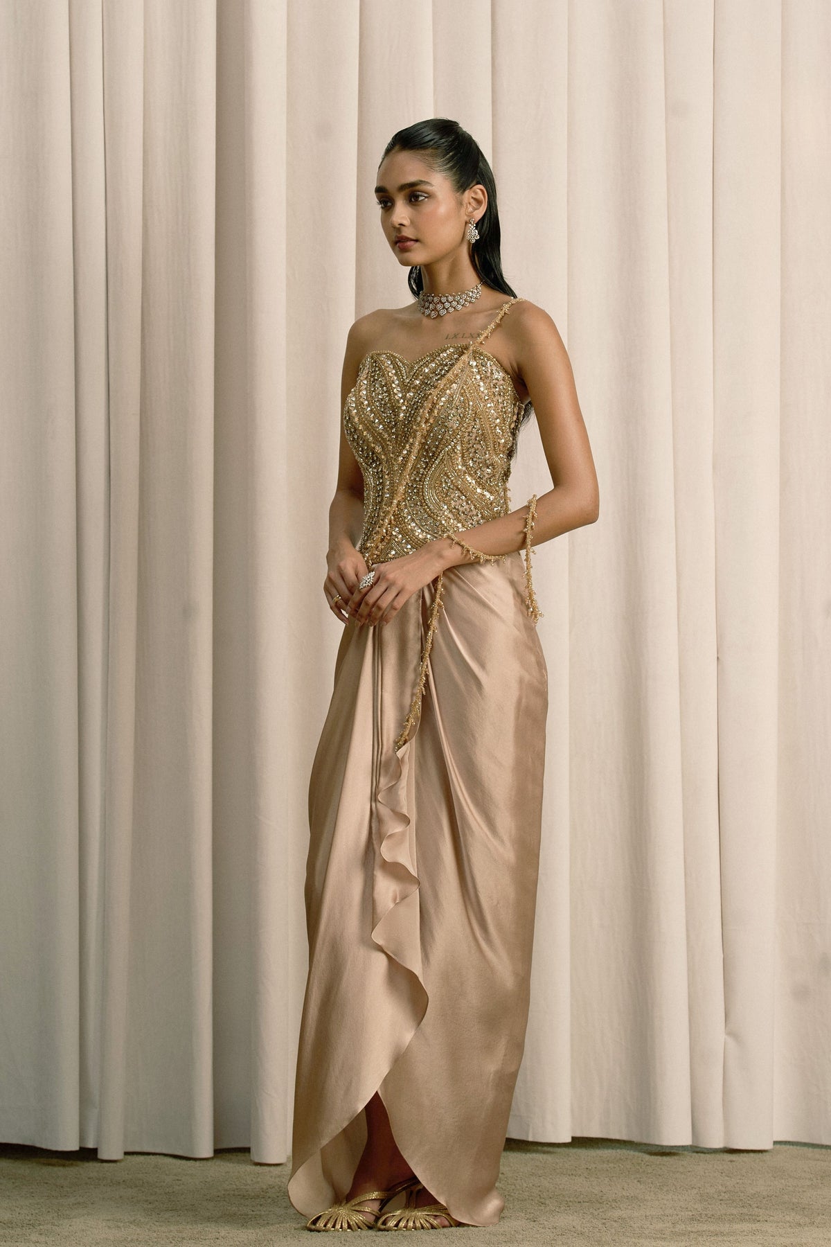 Beige Embellished Corset Skirt Set