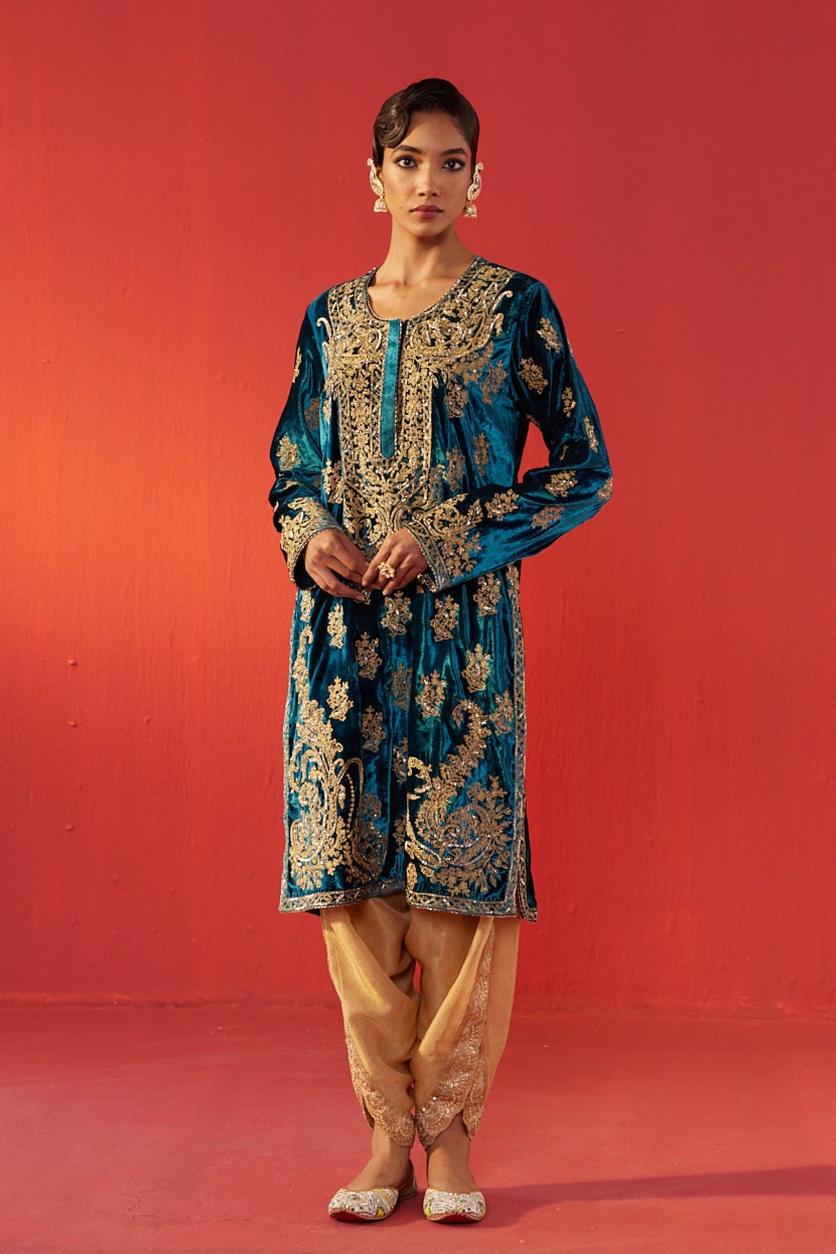 Teal Blue Velvet Kurta Set
