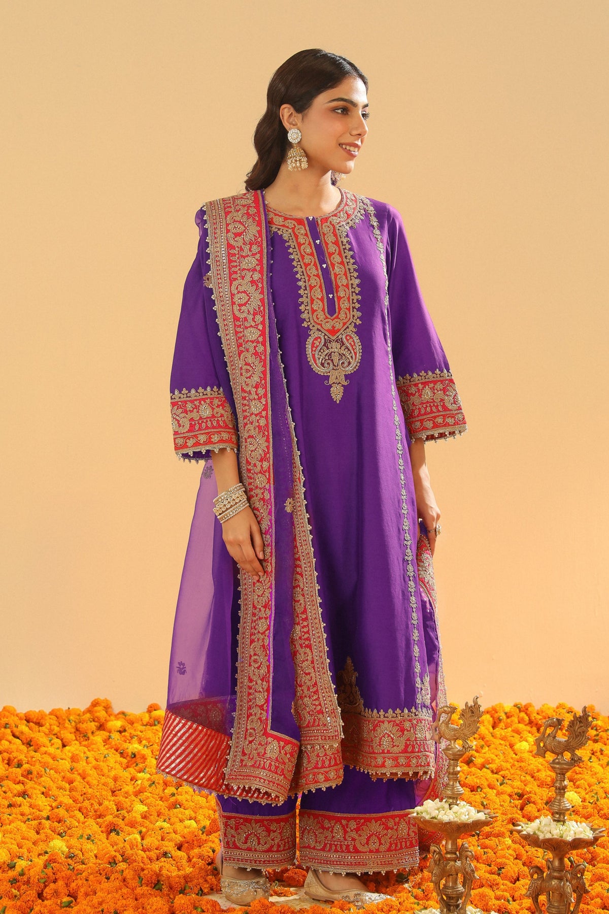 Purple A-line Kurta Set