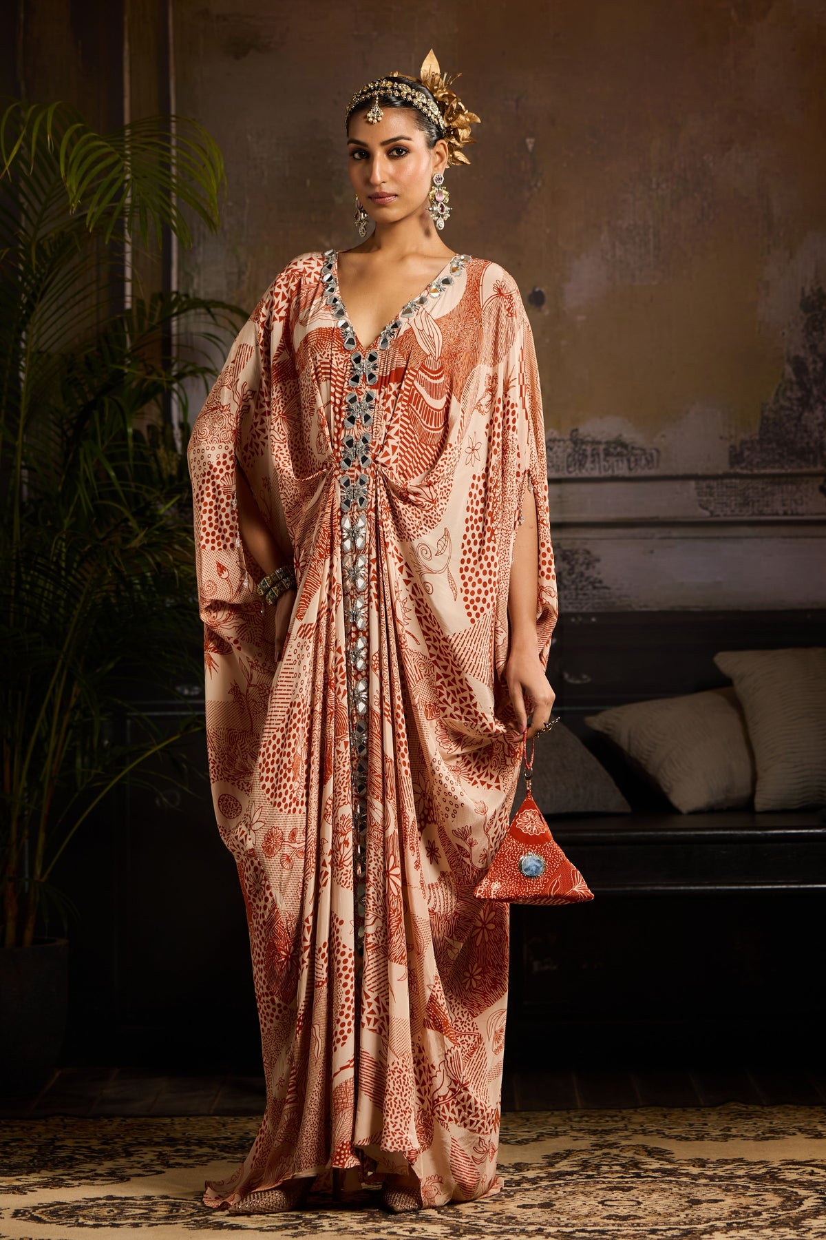 Beige and Rust Printed Kaftan