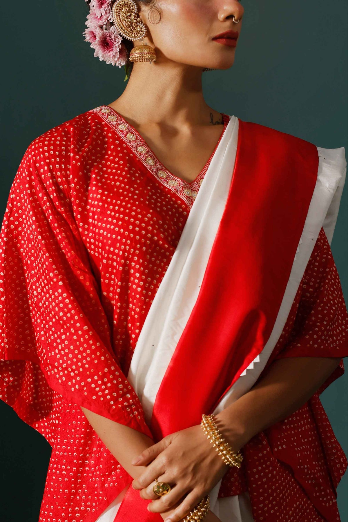Red White Haze Saree Set