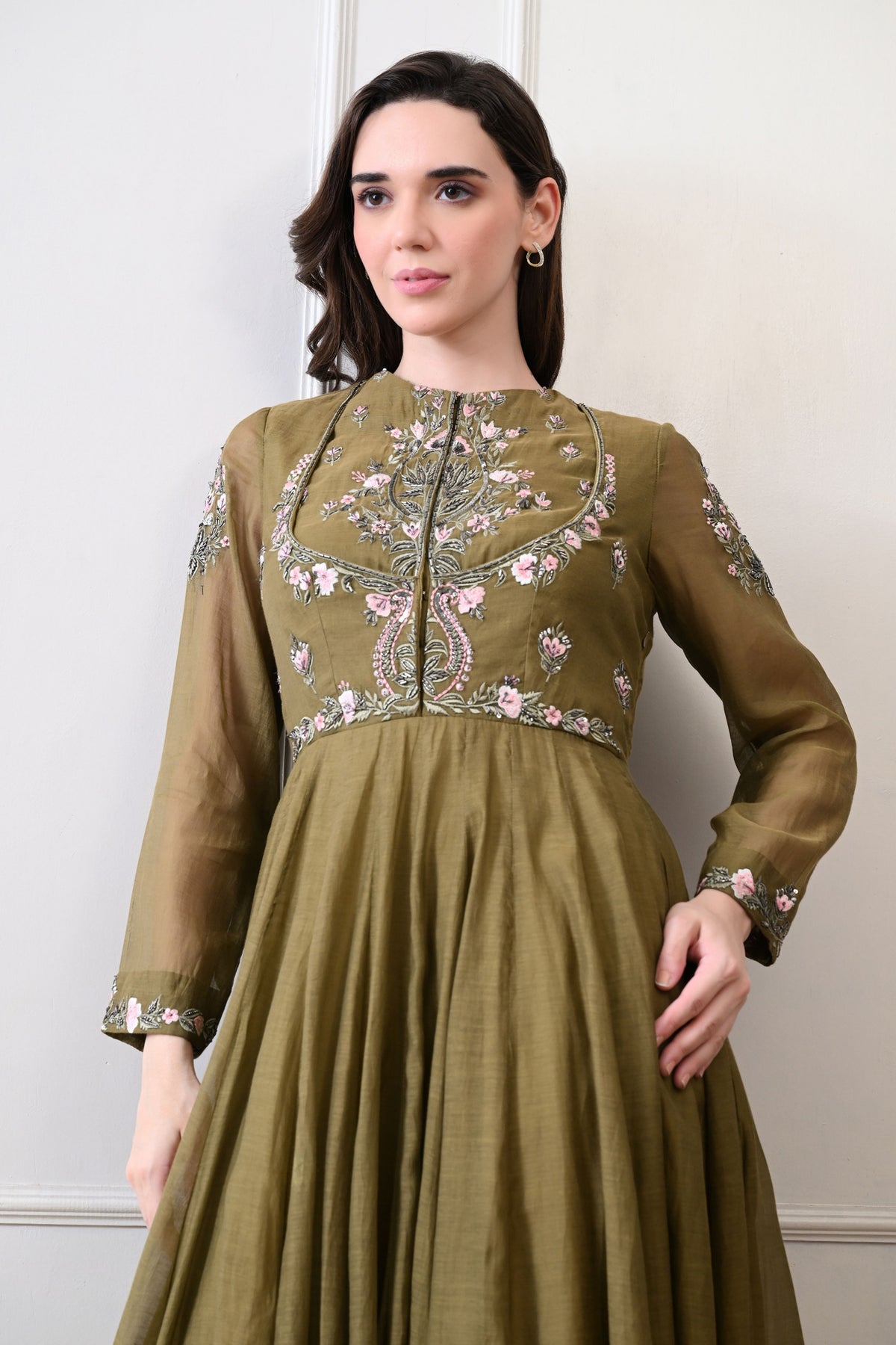 Olive Floral Embroidered Anarkali
