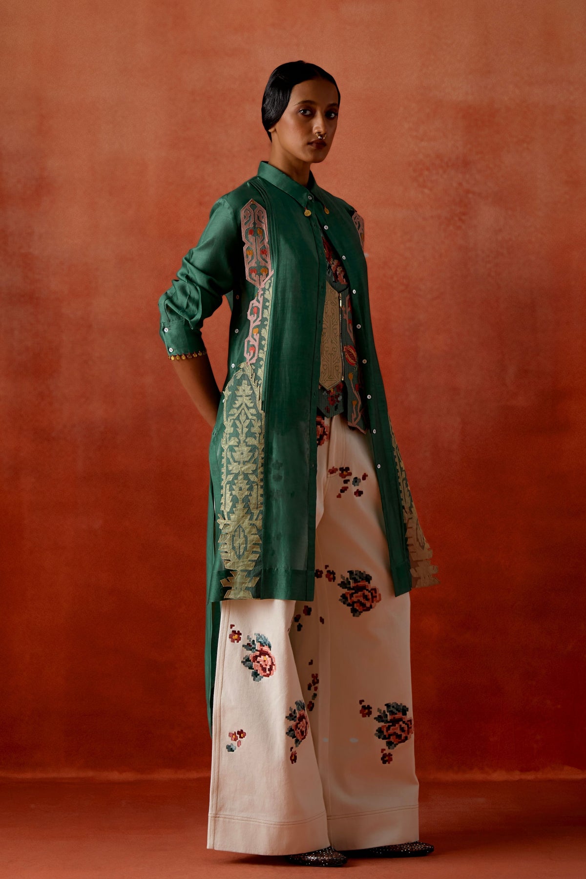 Teal Embroidered Jacket Set