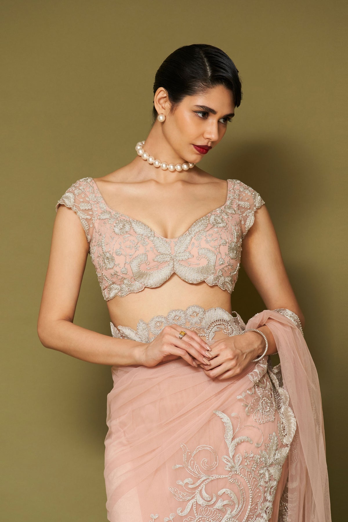 Blush Pink Embroidered Net Saree Set