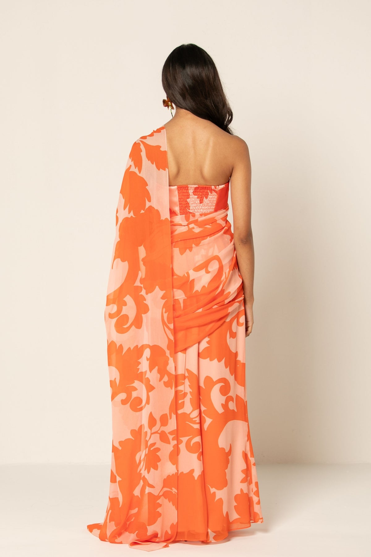 Neon Orange Pre Draped Saree Set