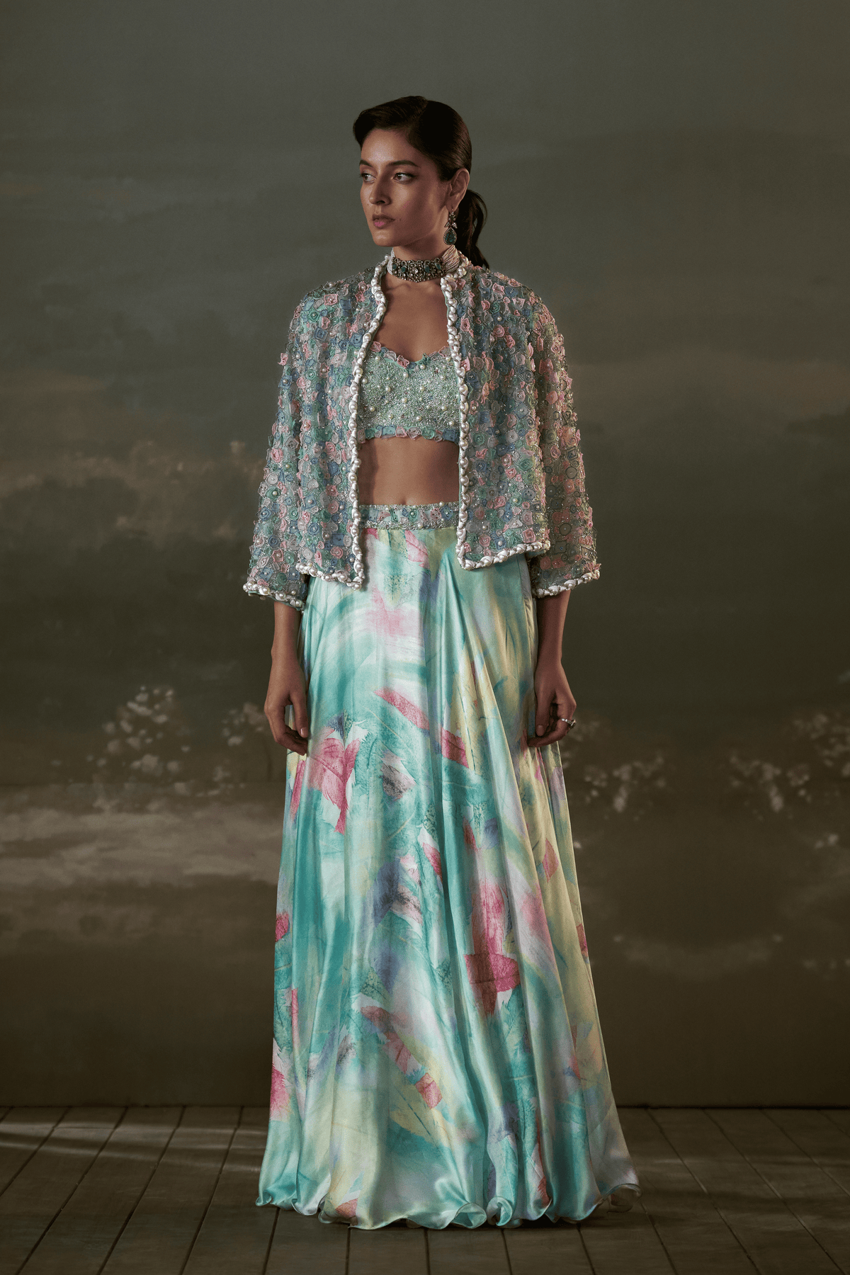 Turquoise Lehenga Paired With Jacket