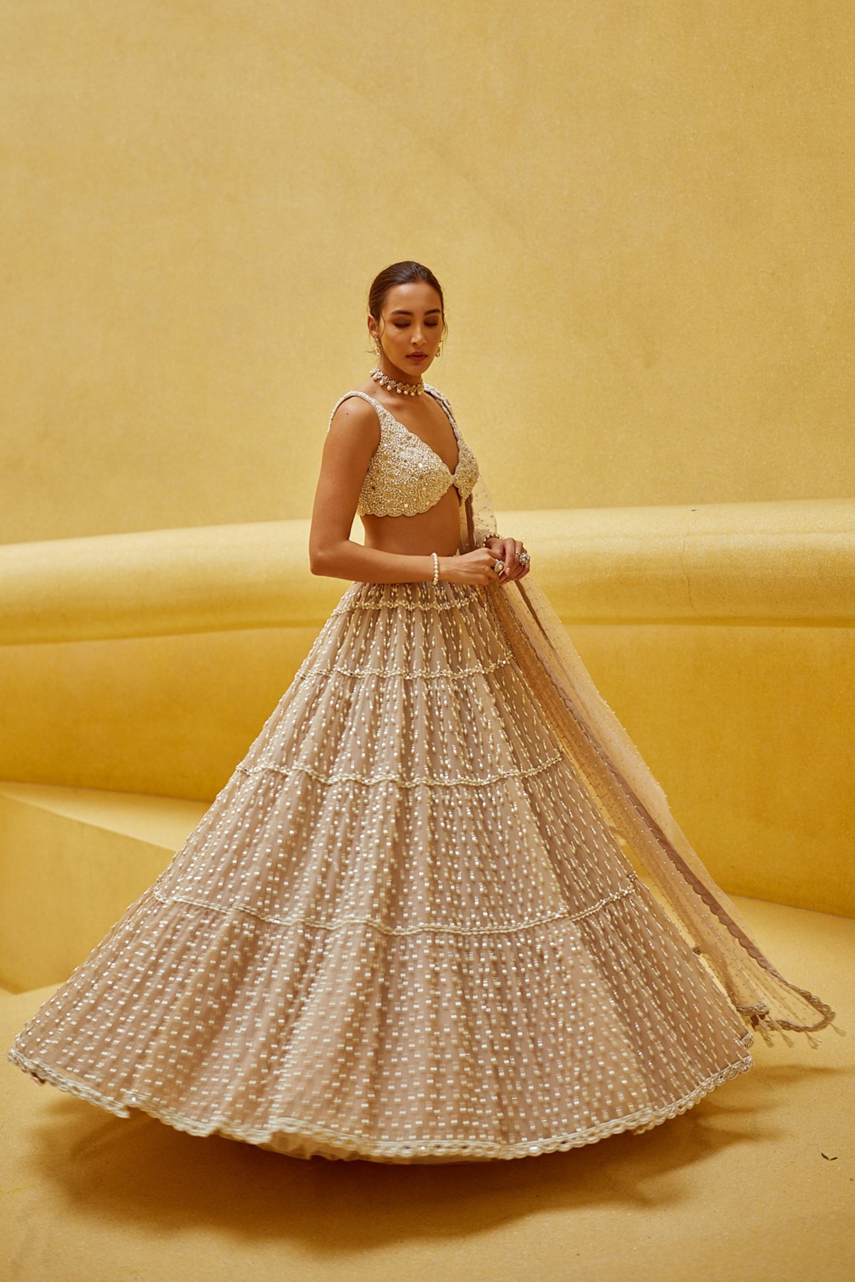 Light Beige Multi Tier Lehenga Set