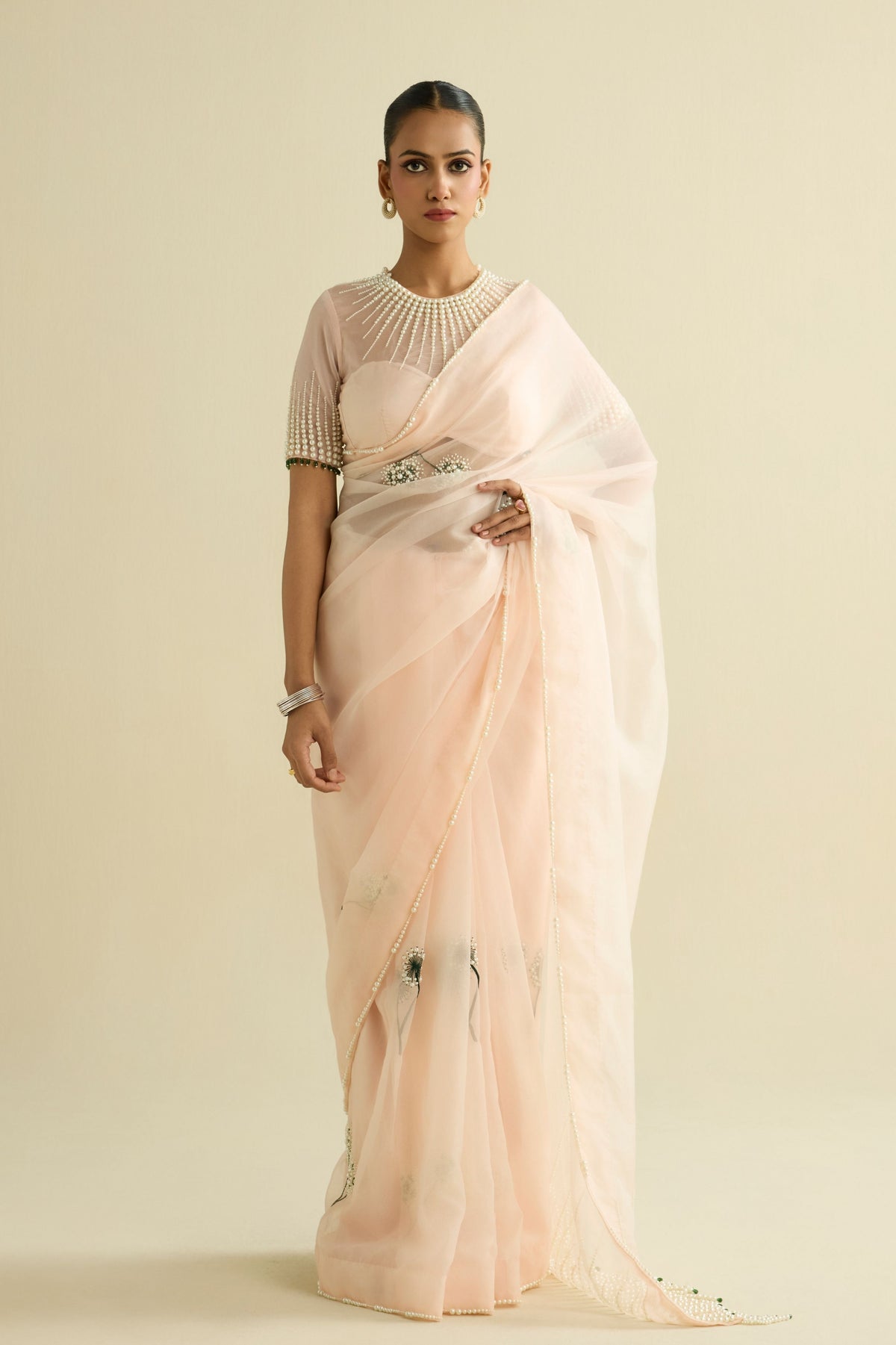 Pink Embroidered Organza Saree Set