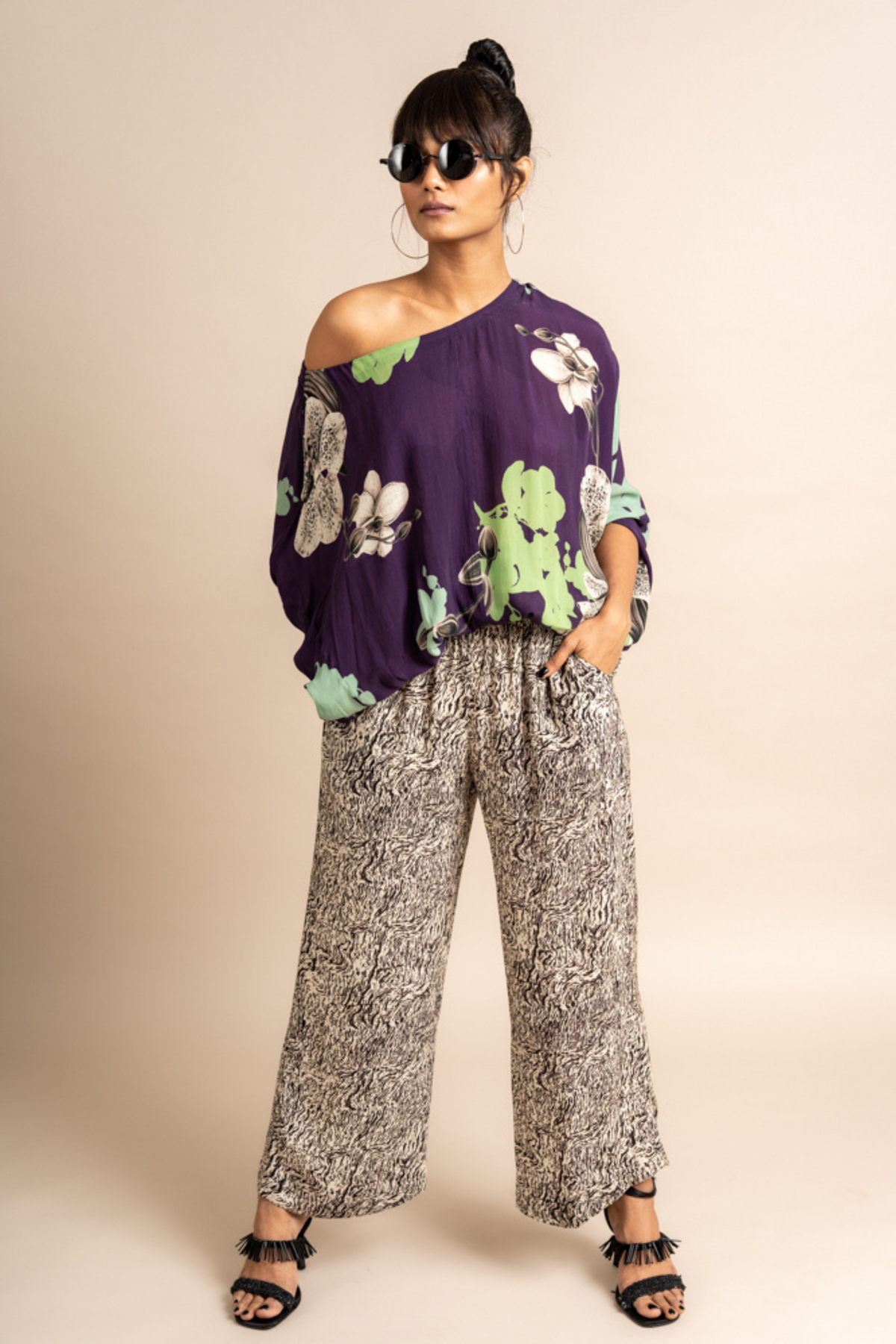 Aubergine Print on Crepe Off Shoulder