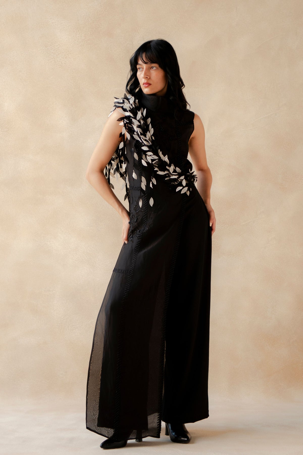 Embroidered Organza Top With Tassel Pants