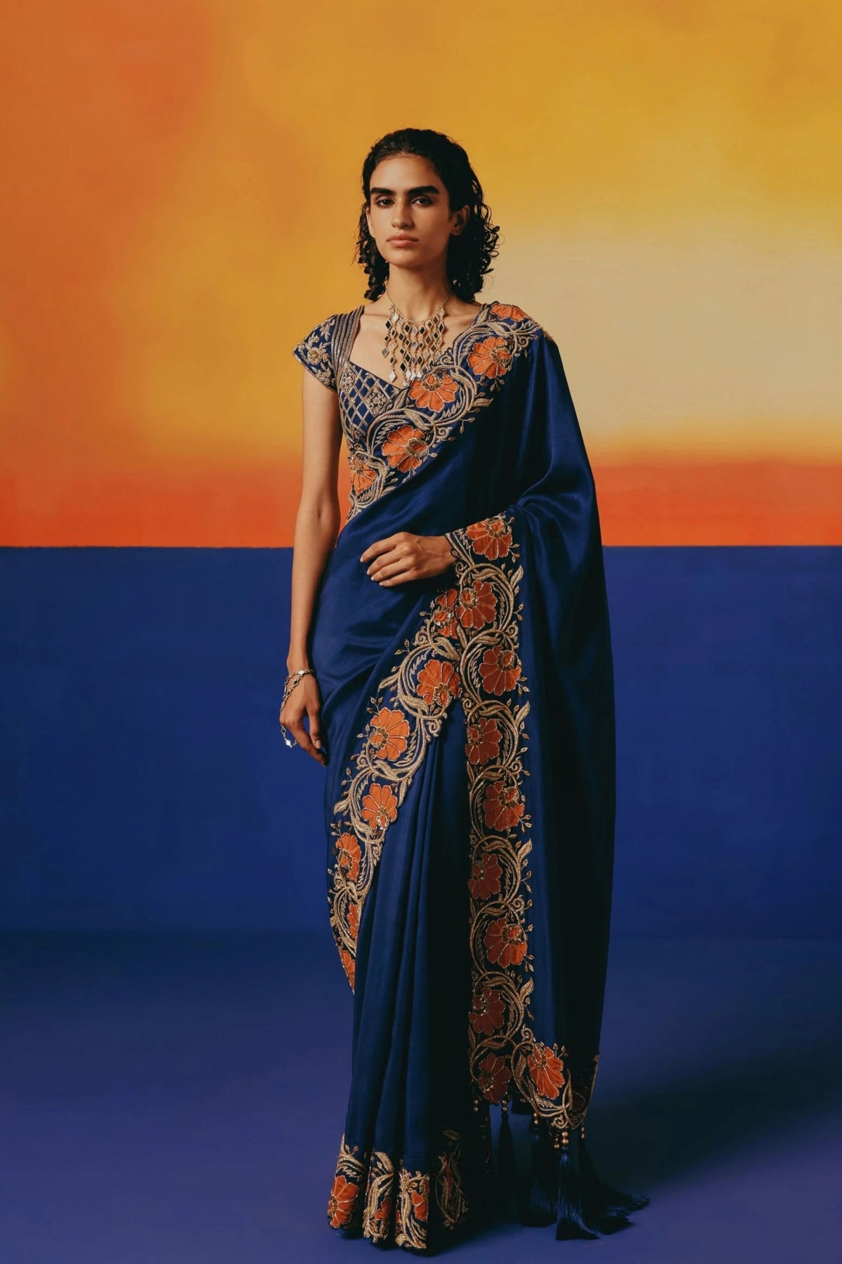 Navy Floral Saree Set