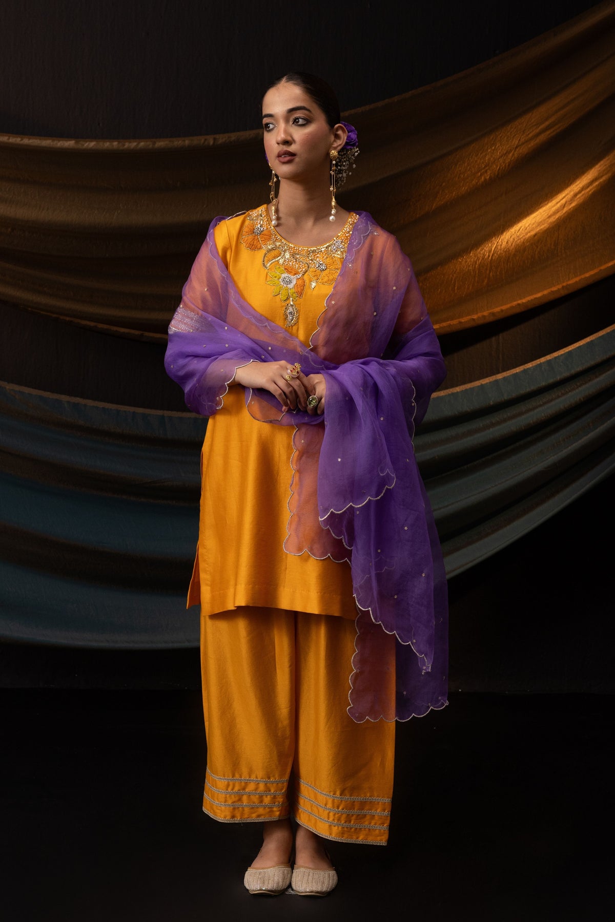 Orange  3D Motif Kurta Set