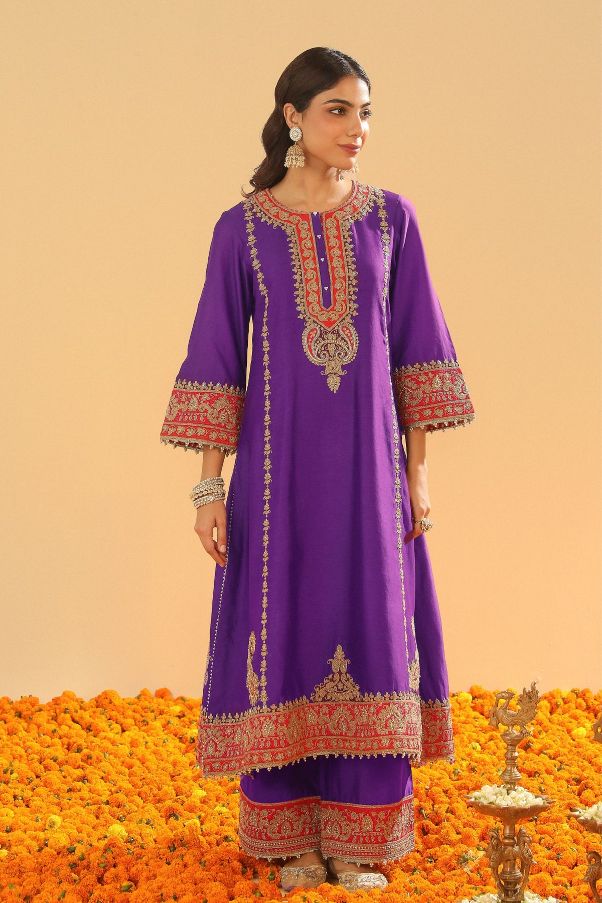 Purple A-line Kurta Set