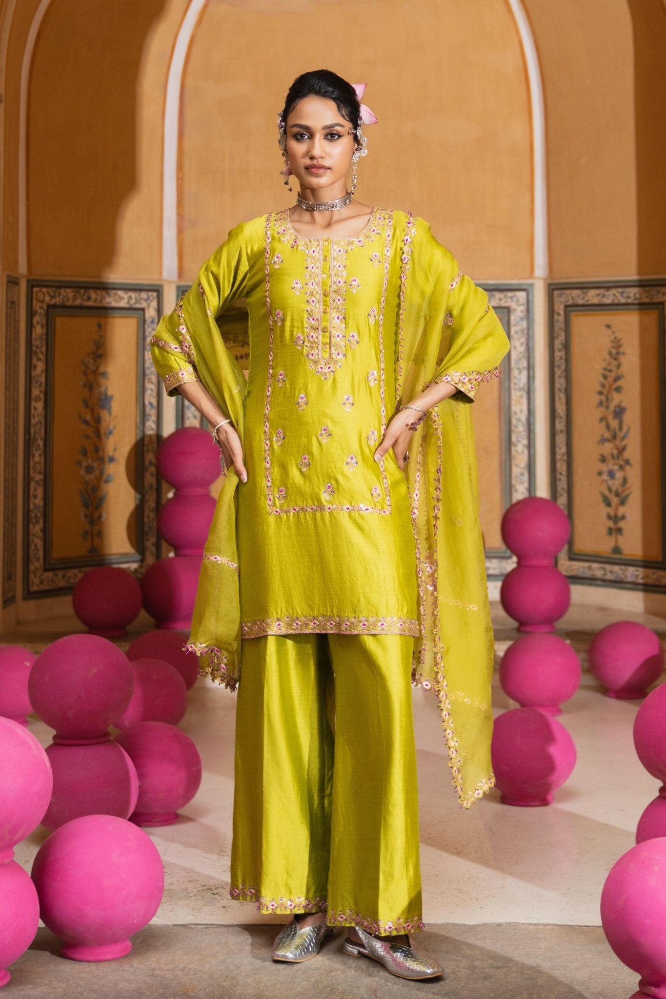 Long Panel Kurta Set - Pink City - Elahe