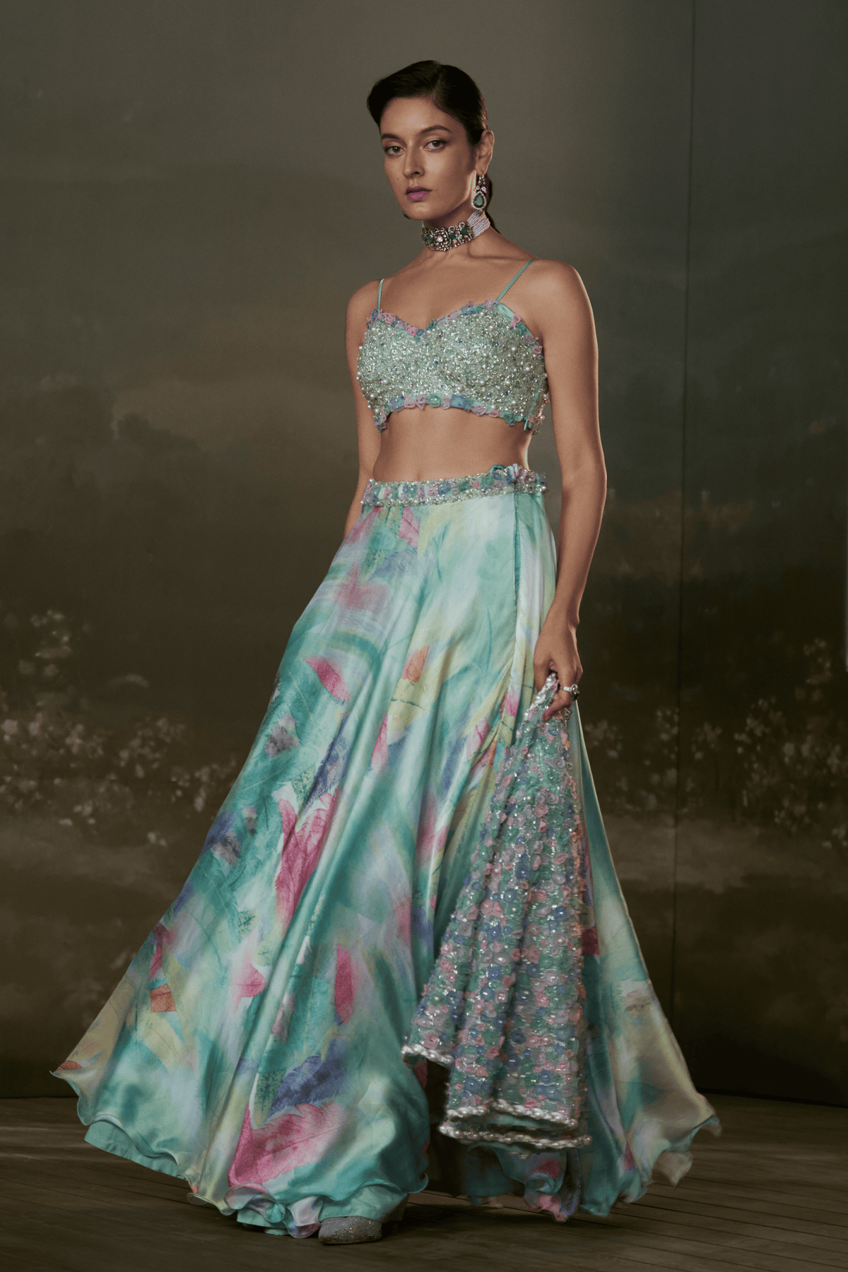 Turquoise Lehenga Paired With Jacket