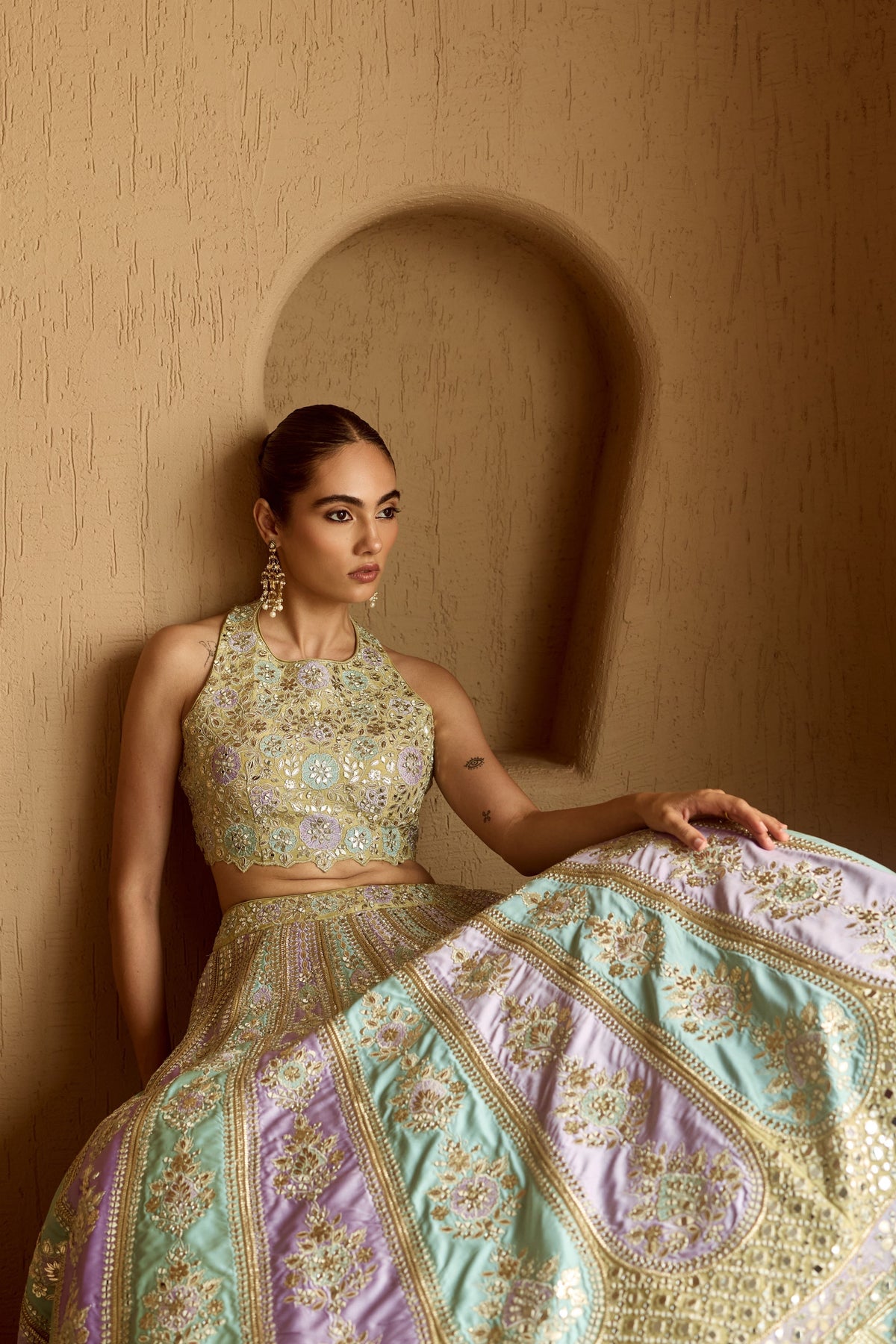 Lime Green Patch Tissue Lehenga Set