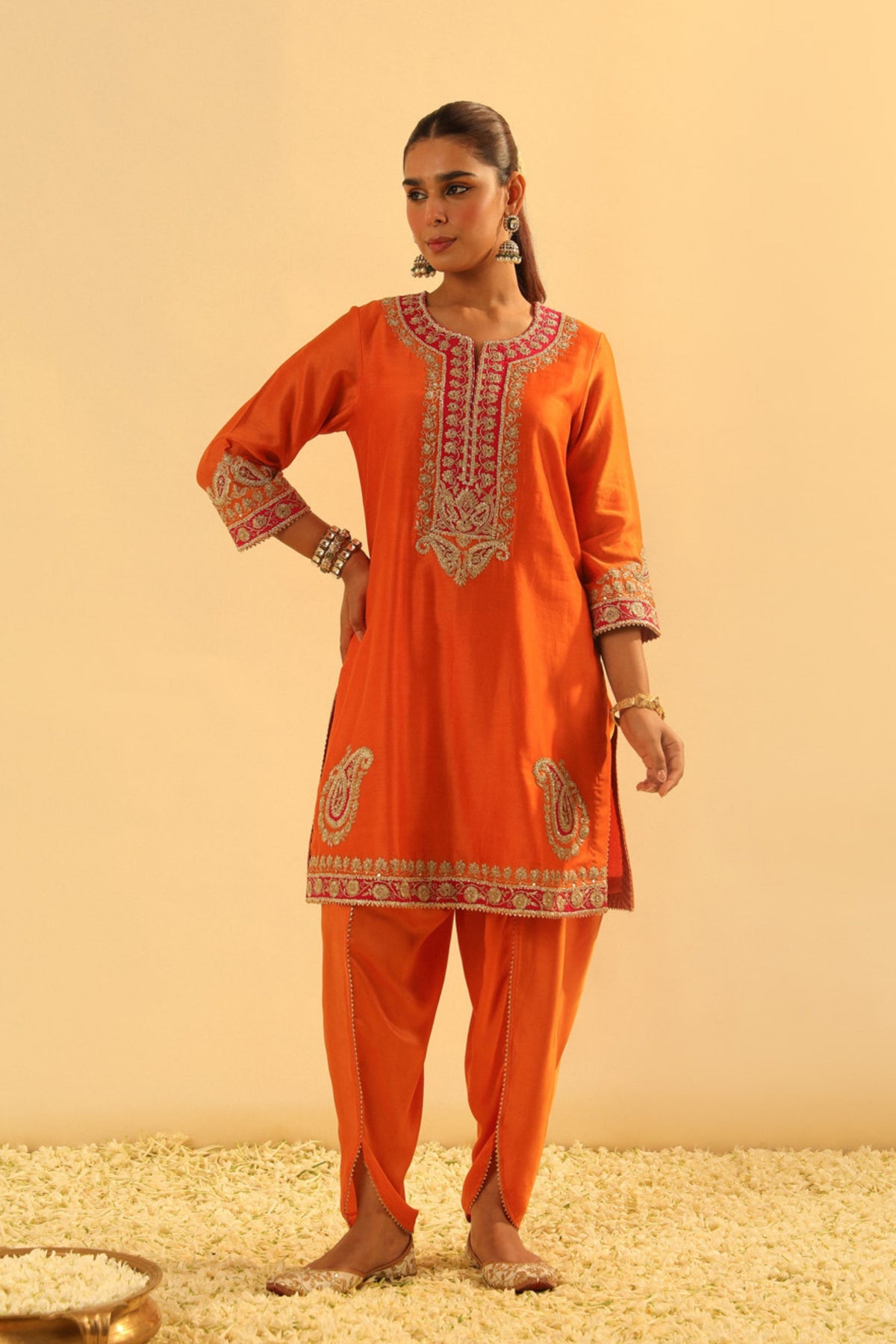Anjum Short Orange Kurta With Dhoti