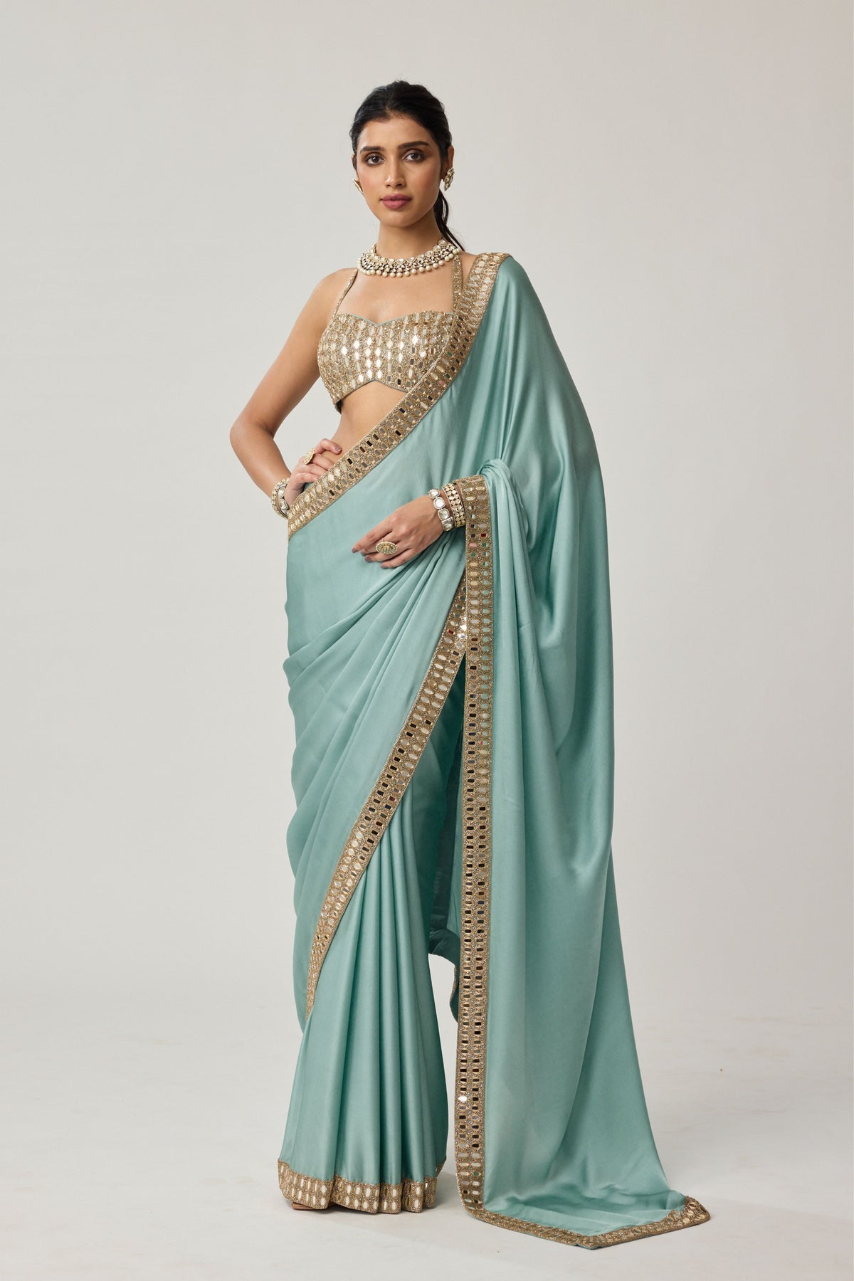 Powder Blue Mirror Saree Set