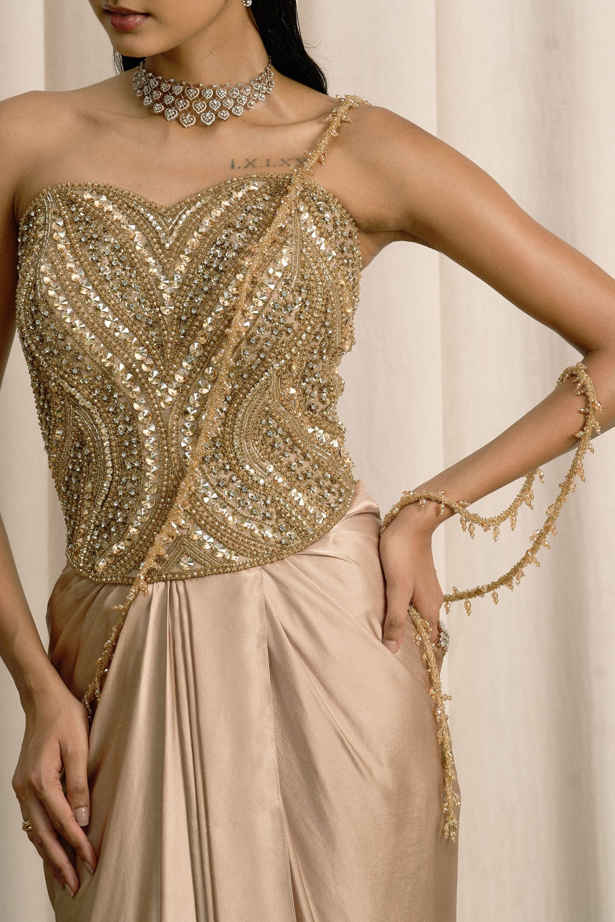 Beige Embellished Corset Skirt Set