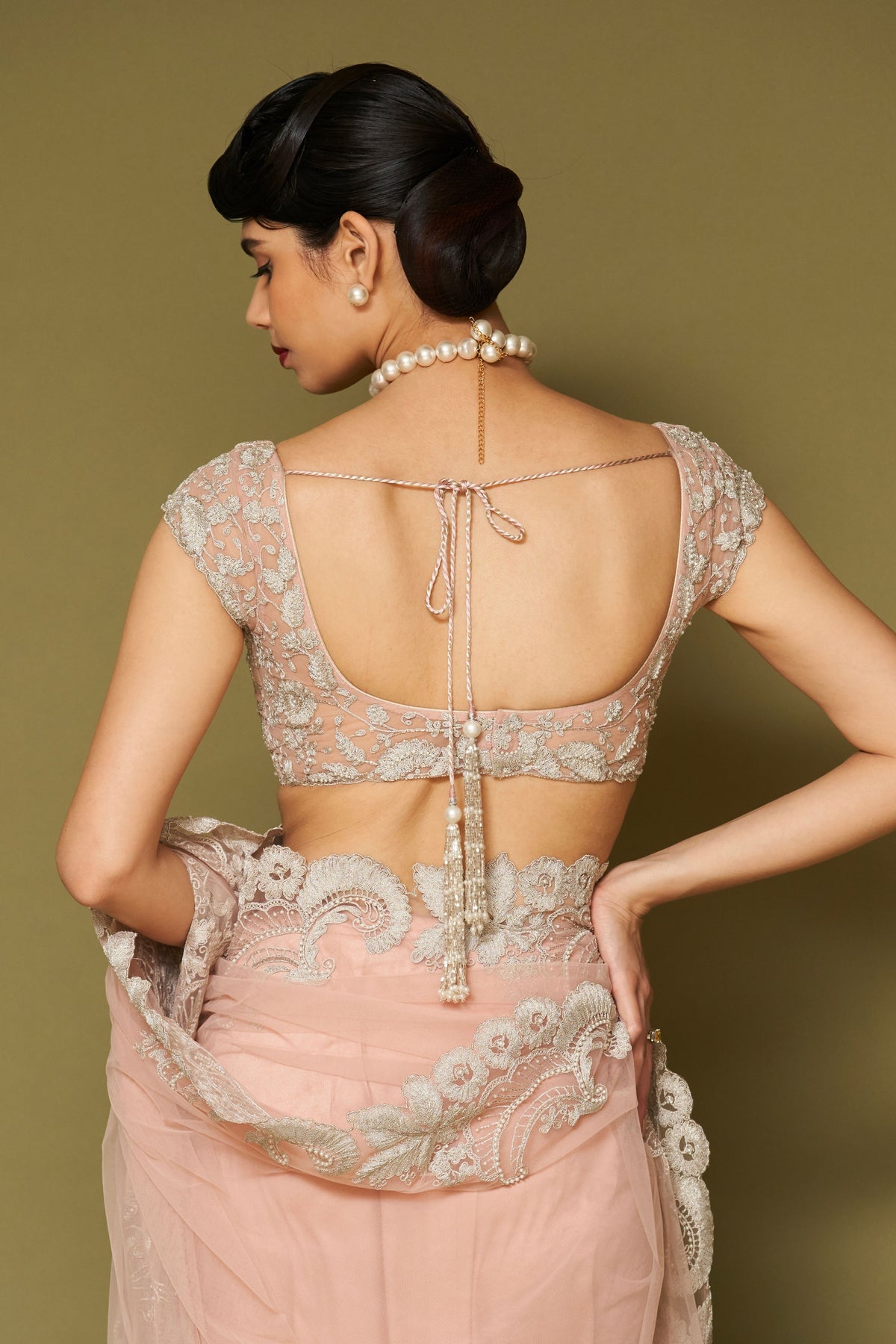 Blush Pink Embroidered Net Saree Set