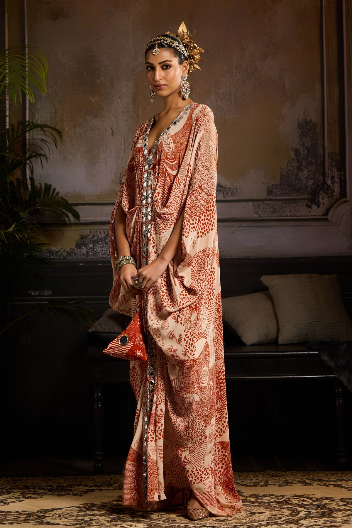 Beige and Rust Printed Kaftan