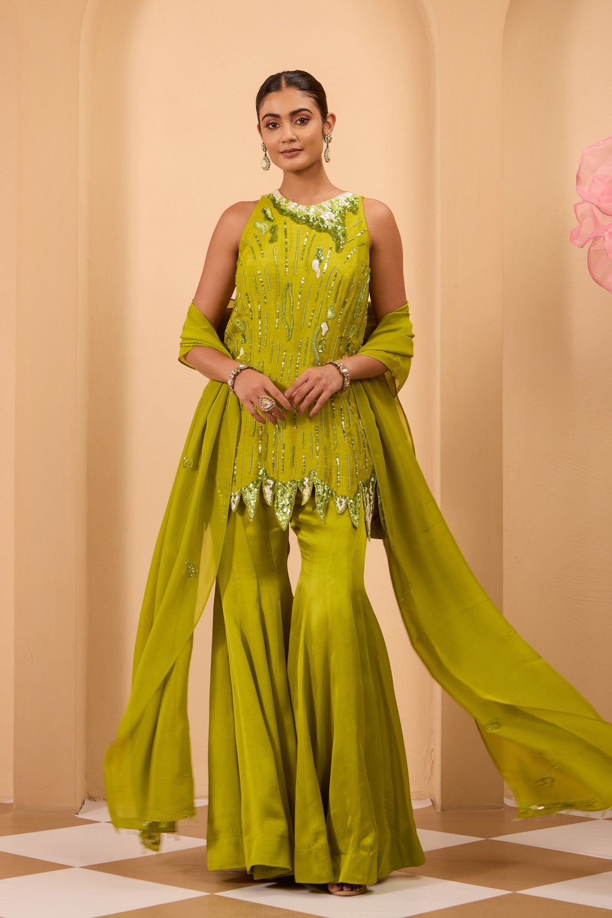 Green Heavy Embroidered Sharara Set