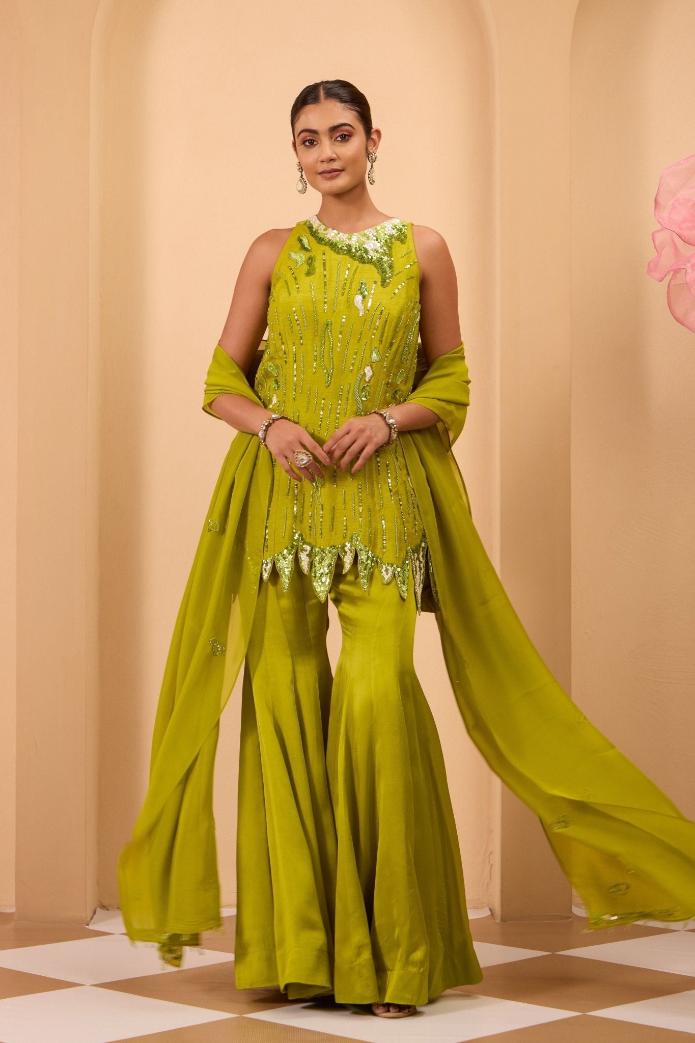 One Knot One - Green Heavy Embroidered Sharara Set - Elahe One Knot One - Green Heavy Embroidered Sharara Set - Elahe