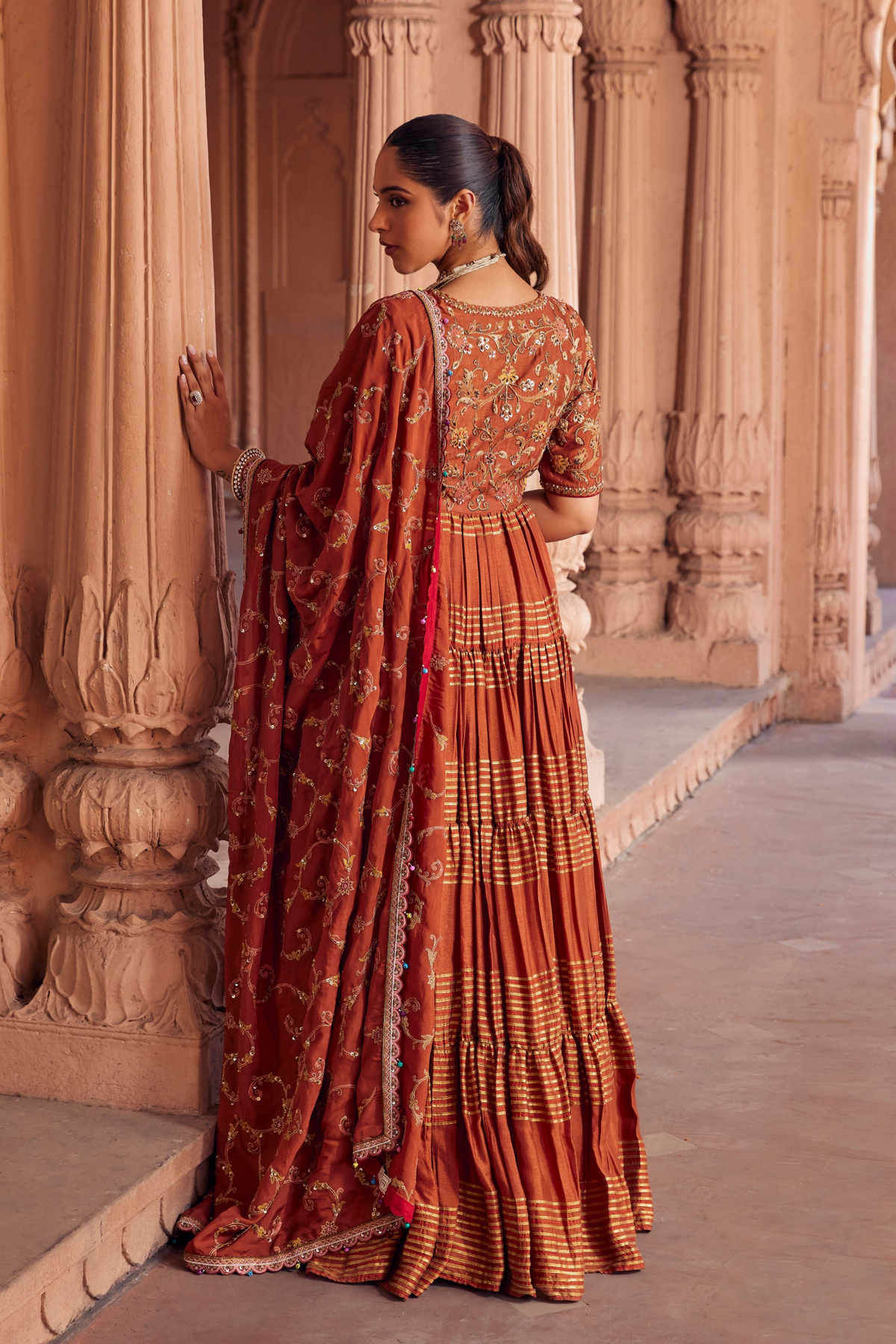 Ekta Rust Fine Silk Anarkali With Mughal Jaal