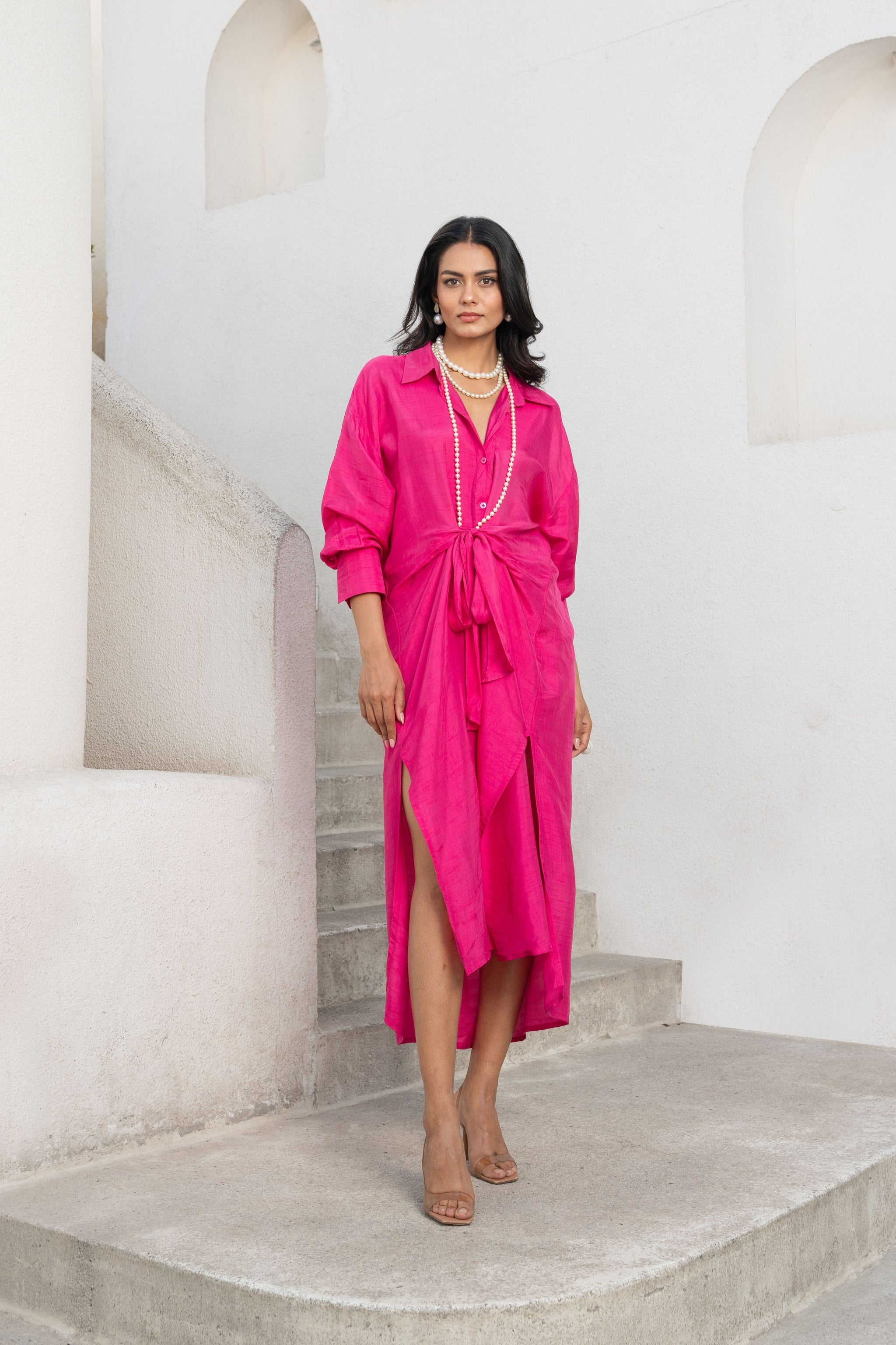 Gulbahar Hot pink tie-up shirt dress - AJILIYAA Hot pink / S Gulbahar Hot pink tie-up shirt dress - AJILIYAA Hot pink / S