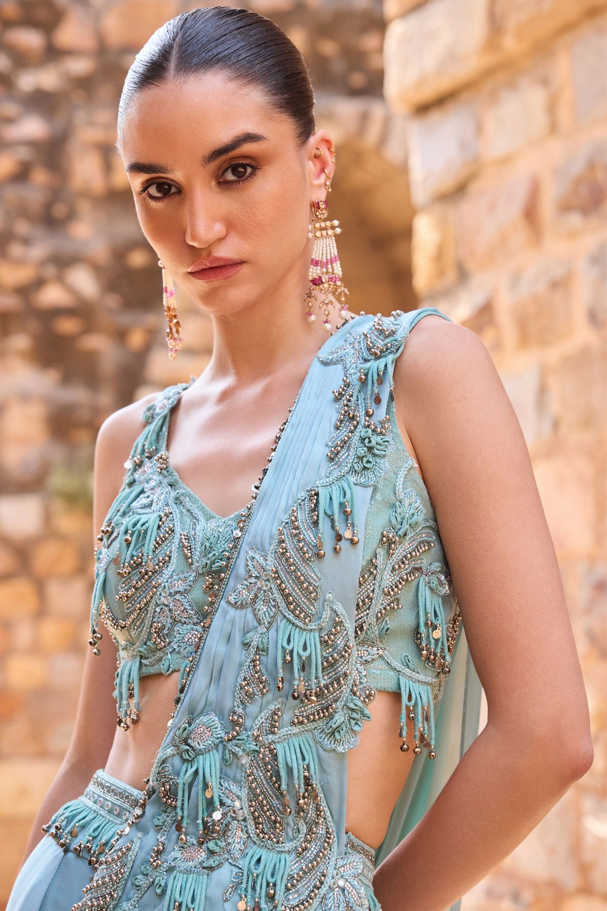 Aqua Draped Saree Set